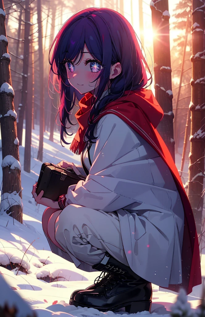 aihoshino, Ai Hoshino, Long Hair, bangs, (Purple eyes:1.1), Purple Hair, (Symbol-shaped pupil:1.5), smile,,smile,blush,white breath,
Open your mouth,snow,Ground bonfire, Outdoor, boots, snowing, From the side, wood, suitcase, Cape, Blurred, , forest, White handbag, nature,  Squat, Mouth closed, Cape, winter, Written boundary depth, Black shoes, red Cape break looking at viewer, Upper Body, whole body, break Outdoor, forest, nature, break (masterpiece:1.2), Highest quality, High resolution, unity 8k wallpaper, (shape:0.8), (Beautiful and beautiful eyes:1.6), Highly detailed face, Perfect lighting, Highly detailed CG, (Perfect hands, Perfect Anatomy),