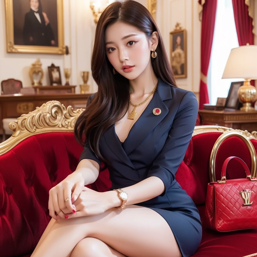 a beauty THAI PLUM SLIGHLTLY CHUBBY girl,thin dark PONYTAIL straight hair with few bangs,gold necklace,watch random colors of ,,RED
OFFICE JUMPSUIT mini skirt outfit, pale shine skin complexion crossed legs wearing long heels ,arms passion ,palace interior background, ultra HD, detailed image, 8k, cute, glamorous, with ELEGANT LV BAG ON HER SIDE ,ELEGANT,full lenght view all face on camera,whole body view,sitting formal properly in RED fur couch,