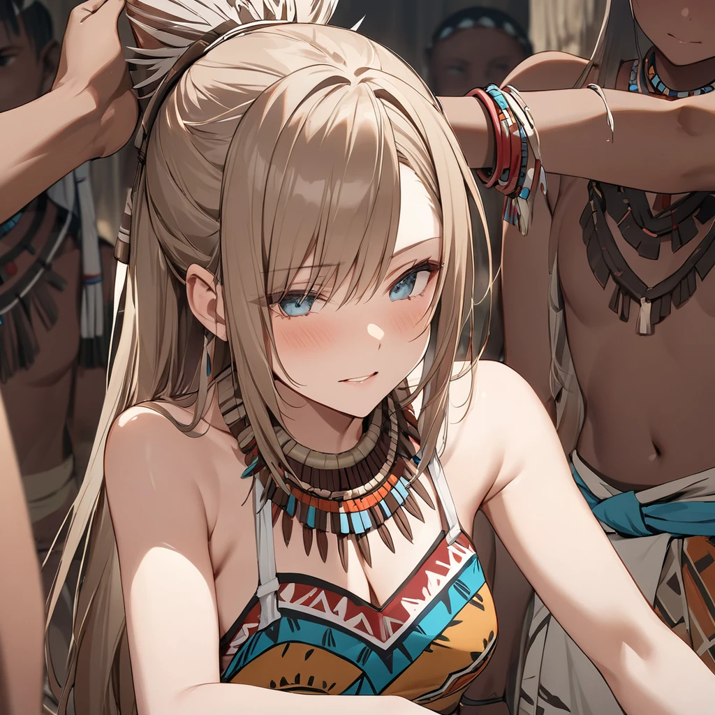 ((Highest quality)), ((masterpiece)), (detailed), (Perfect Face)、Asuna Yuuki, a female with medium-long light brown hair, is forced by black-skinned native African tribal village to wear tribal clothing, have her hairstyle changed to look like the tribe's, wear tribal accessories in her hair, have tribal makeup applied, and have dye applied to her skin to make her look like a black person, and is forced to become a tribal woman.