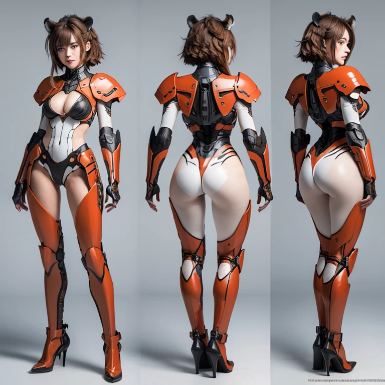 full body, Exposed breasts, Shortcuts, Brown Hair, Tiger-themed mecha, High resolution, accurate, Anatomically correct, 最high quality, detail, 高いdetail, high quality, Multiview, Exposed shoulders, Exposed Skin, Neon Light, (best quality, masterpiece), 1girl, 15 yo,cute, standing girl, three view drawing, front and back and side, character sheet,full body,simple background,