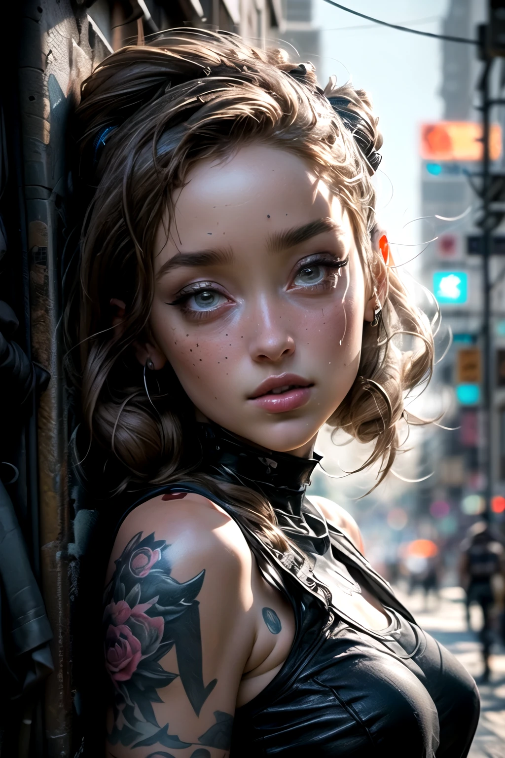 a closeup of a woman (((Alycia Jasmin Debnam-Carey))) naked with a tattoo on her arm, A line painted black that goes through his eyes like in The 100 , cyberpunk beautiful girl, beautiful cyberpunk girl face, cyberpunk dreamy girl, ultrarealistic cyberpunk art 8k, cyberpunk 2 0 years. o model girl, beautiful cyberpunk woman model, The portrait of the cyberpunk girl, Highly detailed 4k digital art, beautiful digital artwork, cyborg cyberpunk. rose, 4k realistic digital art