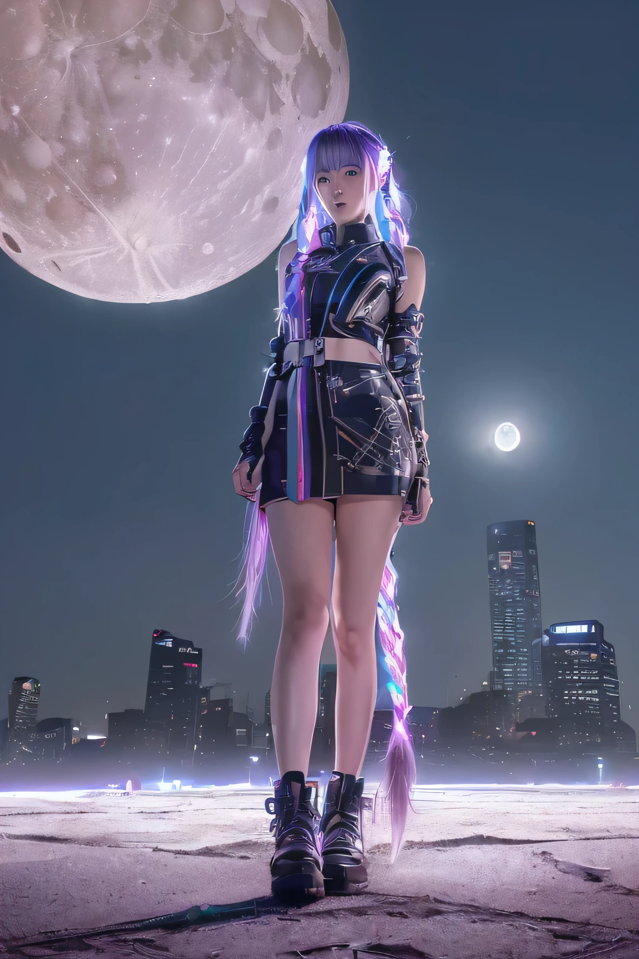 (((Cyberpunk cityscape visible in the distance and non-urban areas other than surface improvement))),((Cityscape where cyberpunk and ancient Japanese style coexist)),Cyberpunk neon sign street, Japanese junk food, Japanese food street, Girl 1, ((light purple hair)) ((very long braided braided hair)), white skin, short stature, dragon pattern hooded long coat jacket, ((mechanical arms)).((mechanical legs)). (((Mechanical Niza Weapon)). ((Pastel rainbow colored thing floating in the air)). Girl. Gothic Kimono Style. High Angle. Cute.Watercolor.Pure.Design Art.Dreamy.Dreamy, ((Beautiful Night Sky Detail )), ((((((Big shining moon and countless shining stars)))), Sign, UHD high definition, vivid and realistic realism, full body, front focus, Unreal Engine 5, beautiful, highly detailed and beautiful, incomparable Masterpiece, hyper detail, detailed aurora, detailed water waves, detailed star features, highly detailed night sky, 8k wallpaper, photorealistic, (UHD), (HD), sparkle, 8k, realistic, perfect, complete aesthetic, Unreal Engine 5, sharp focus, no chromatic aberration, sunlight, exterior, durable, Fujifilm XT3, high quality, outdoor, durable and very beautiful display, geometry, posture, front view, head - while shooting, wide-angle focus, view from below, ( (panoramic lighting photo perspective))