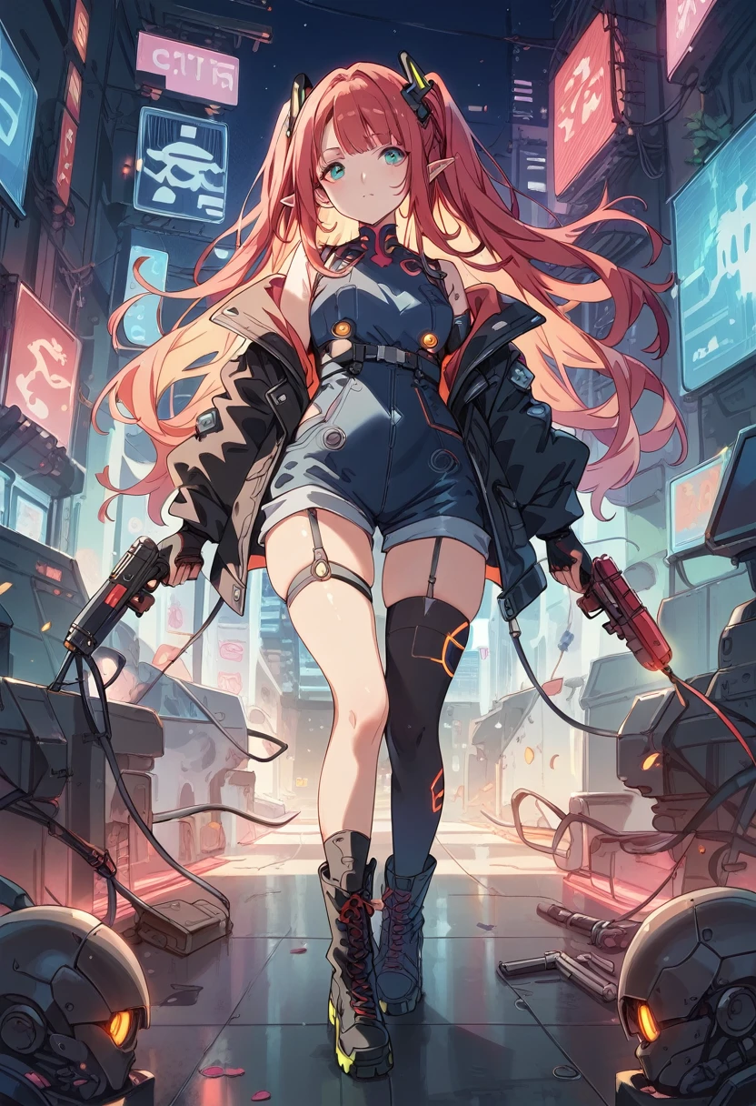 score_9, score_8_up, score_7_up, Cute Girl, elf, full body, Wizard, pointed ears, masterpiece,(bestquality),highlydetailed,ultra-detailed,
1 girl,(black and red tones),(mechanical),(cool),(biodesign),( biomechanics),long hair,(wires and tubes),(futuristic outfit),(leather jacket),(combat boots),(in a cyberpunk city with neon lights),(holding a gun)