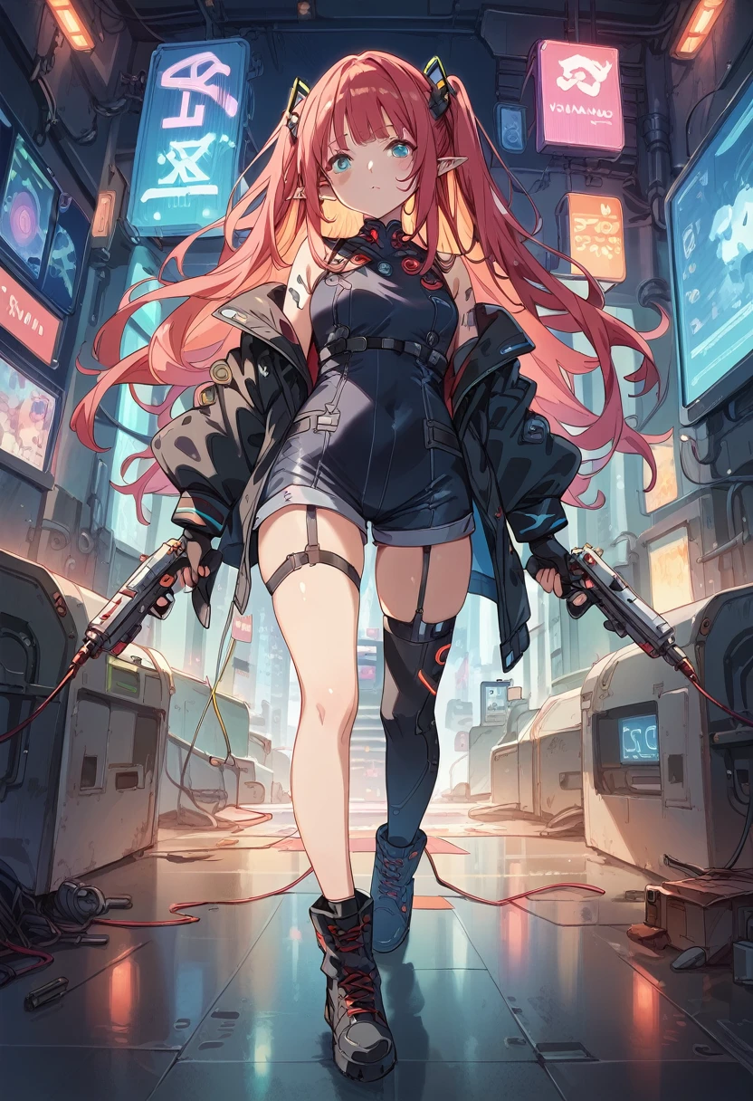 score_9, score_8_up, score_7_up, Cute Girl, elf, full body, Wizard, pointed ears, masterpiece,(bestquality),highlydetailed,ultra-detailed,
1 girl,(black and red tones),(mechanical),(cool),(biodesign),( biomechanics),long hair,(wires and tubes),(futuristic outfit),(leather jacket),(combat boots),(in a cyberpunk city with neon lights),(holding a gun)