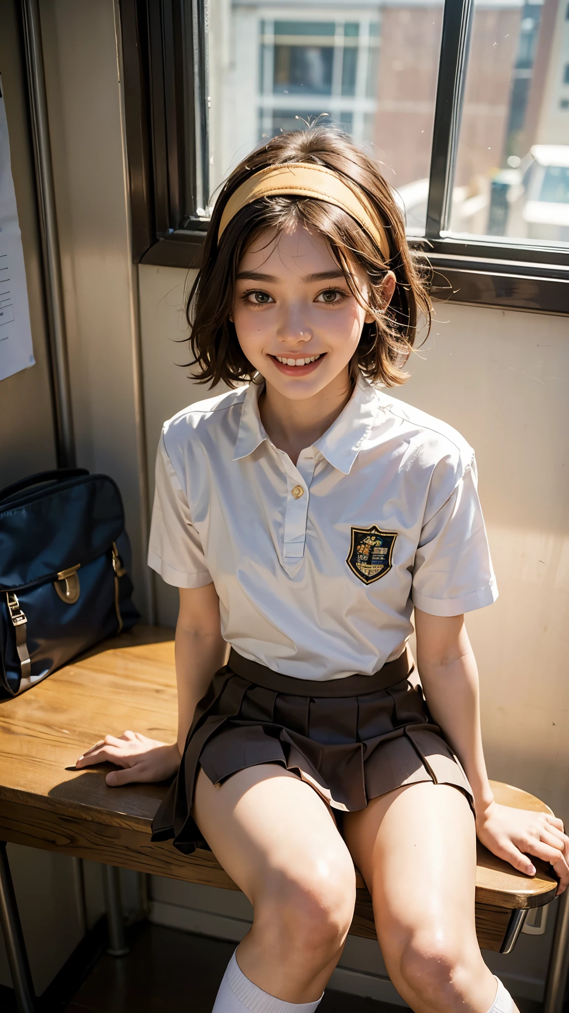 Highest quality, masterpiece, Ultra-high resolution,8k, (Realistic:1.6),((Lots of high school girls)), (Portrait of a child commuting to school:1.4)),((Sitting at a desk smiling and chatting with friends)),Slim Body,Sexy thighs,((Brainstorming Photo:1.2)),RAW Photos,((Smiling with teeth showing)),((Branded high school uniforms,Check mini skirt,Below the knee socks)),((Cute face)),Slim 18 year old adult female ,((Brown short hair,Headband)),Face Focus:1.4,