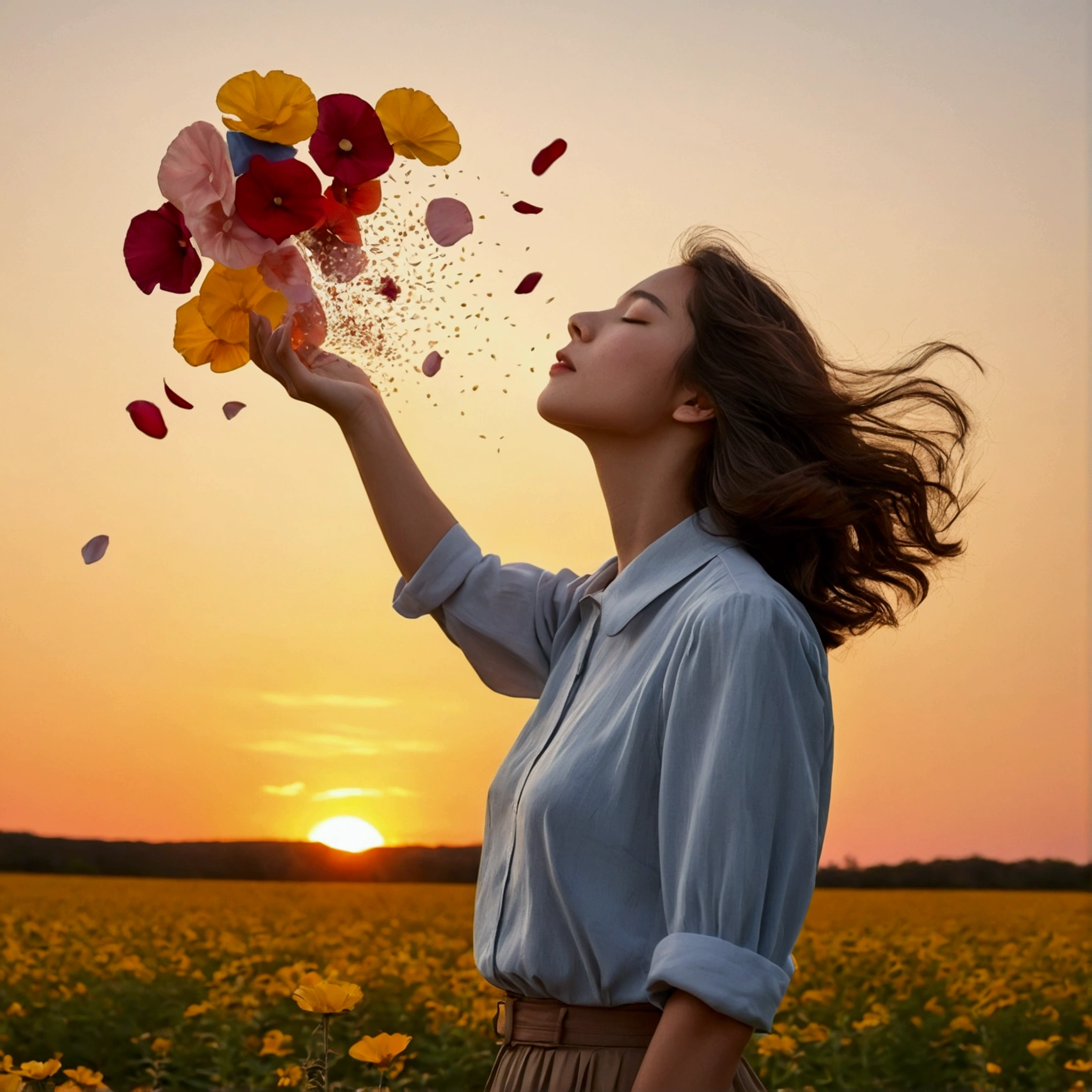 Woman solo with eyes closed Summer Sunset Nostalgic Simple and beautiful color scheme Collared clothes Flat color Flower Petals falling from a woman&#39;s hand Primary colors