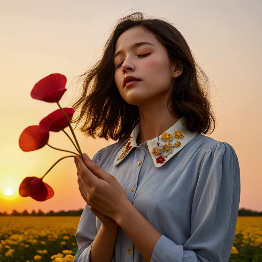 Woman solo with eyes closed Summer Sunset Nostalgic Simple and beautiful color scheme Collared clothes Flat color Flower Petals falling from a woman&#39;s hand Primary colors