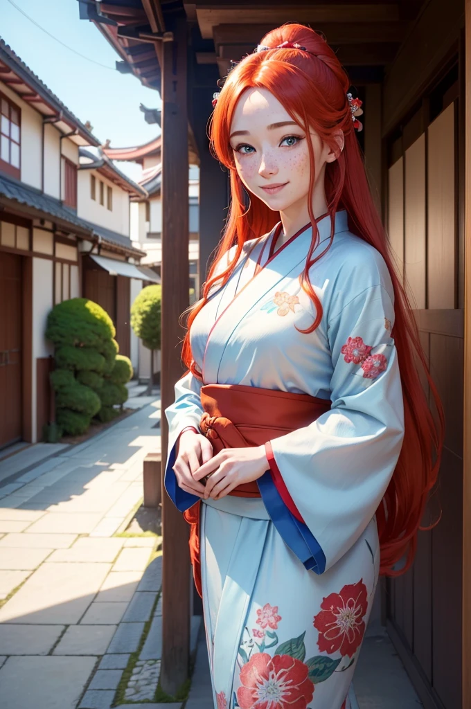 a beautiful girl with long red hair, striking blue eyes, and adorable freckles, wearing a colorful traditional Japanese kimono, smiling warmly as she stands in a charming Japanese street with detailed architecture, (best quality,4k,8k,highres,masterpiece:1.2),ultra-detailed,(realistic,photorealistic,photo-realistic:1.37),portrait,vibrant colors,soft lighting,intricate details