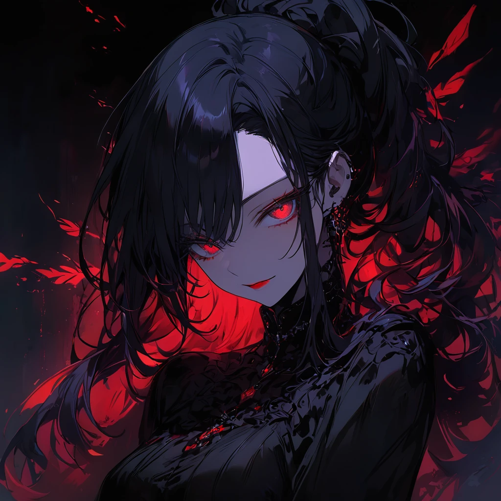 (dark atmosphere,gothic fashion,bright colors),(best quality,Super exquisite,),Sexy goth Vampire girl, Beautiful and delicate eyes,Straight black ponytail with blue tips,Crow feathers,red lipstick,mysterious smile,Pale complexion,black dress,The moonlight illuminates her elegant silhouette,Soft shadows and soft highlights,Contrasting colors create a vibrant atmosphere,dark and moody color palette,Subtle yet dramatic lighting effects,Sublime darkness intertwined with exquisite moonlight, She's tall and mature, red tone, beautiful pretty face, long hair, full black background or no background