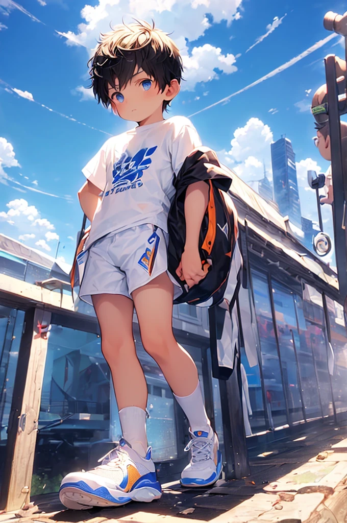 (Shota:1.5),(((Highest quality))),(((masterpiece))),(((Very detailed))),(((High resolution))),One person,T-Shirts,Short shorts,White socks,Blue sneakers,12 years old,Japanese,Buzz Cut,Spiked Hair,Black Hair,blue eyes,Baby Face,Beautiful face,
