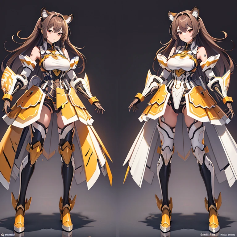 full body, Exposed breasts, Shortcuts, Brown Hair, Tiger-themed mecha, High resolution, accurate, Anatomically correct, 最high quality, detail, 高いdetail, high quality, Multiview, Exposed shoulders, Exposed Skin, Neon Light, (best quality, masterpiece), 1girl, 15 yo,cute, standing girl, three view drawing, front and back and side, character sheet,full body,simple background,