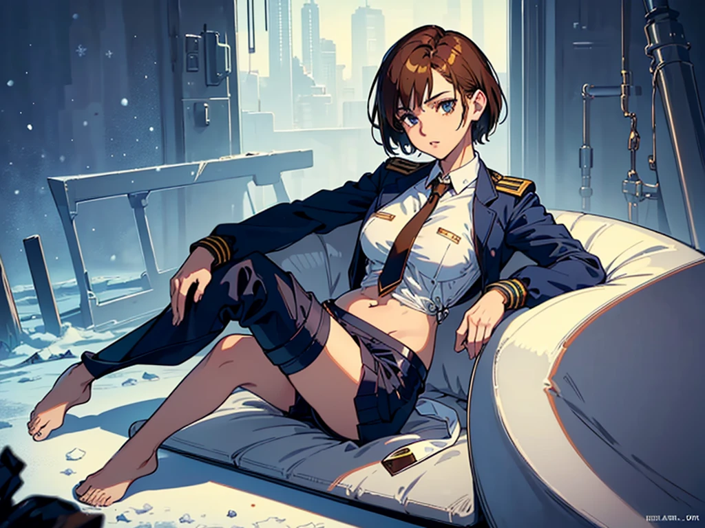 masterpiece,(Perfect Anatomy:1.5), highest quality, a lady , slender, leggy, Seductive, short hair, brown hair, (wear a white long sleeved shirt, tie, navy officer winter jacket:1.5), white bikini panties , barefoot, Perfect hands, Perfect body, reclining, lying on a sofa, leg up , shirt lift, looking away, ((Exquisite detail)), Very finely crafted fingers(((10 fingers))), (full body showcase), (Show your whole body), (no background), (No logo) , high resolution, parted lips, belly button