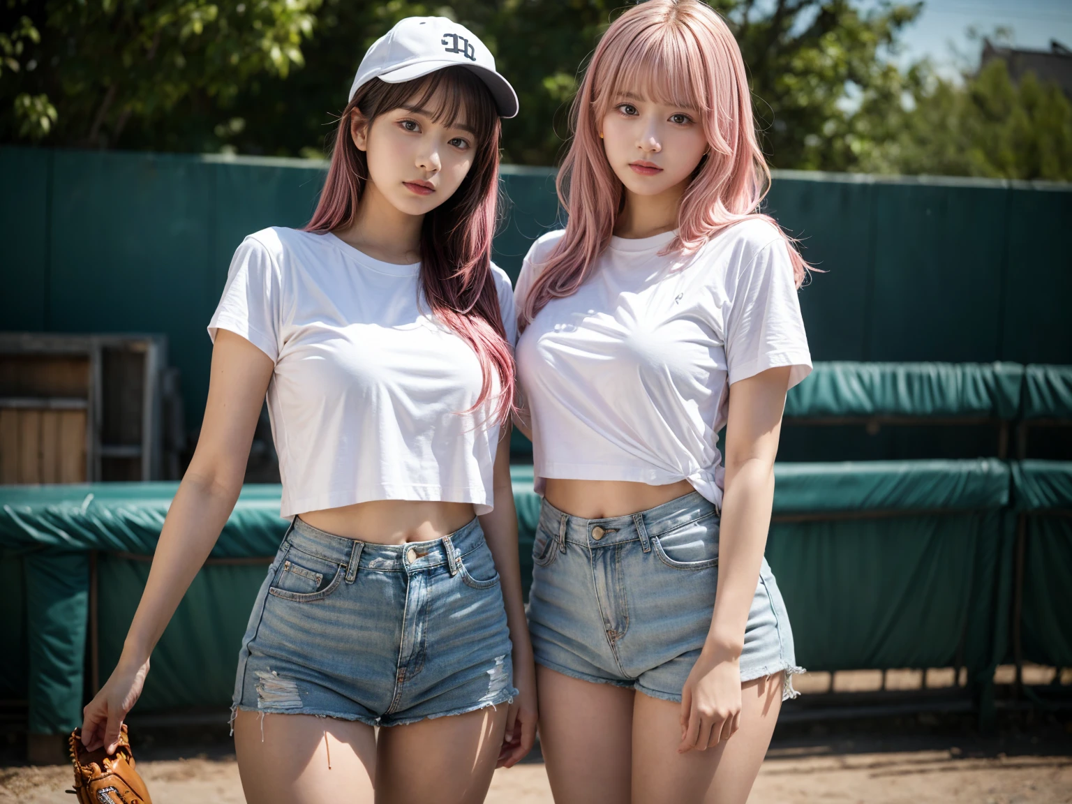 2 girls, 21yo girl,pink hair,long hair, wearing oversize white t-shirt, hot pants, wearing a baseball cap, natural big breast, show big thigh, plump body, single sidelock hairpin blush modern cinematic lighting,ray tracing,drop shadow wide shot UHD,textured skin,high details,best quality 4K, (from below:1.2), (realistic:1.1), (surreal:1.2), (very detailed:1.1)
