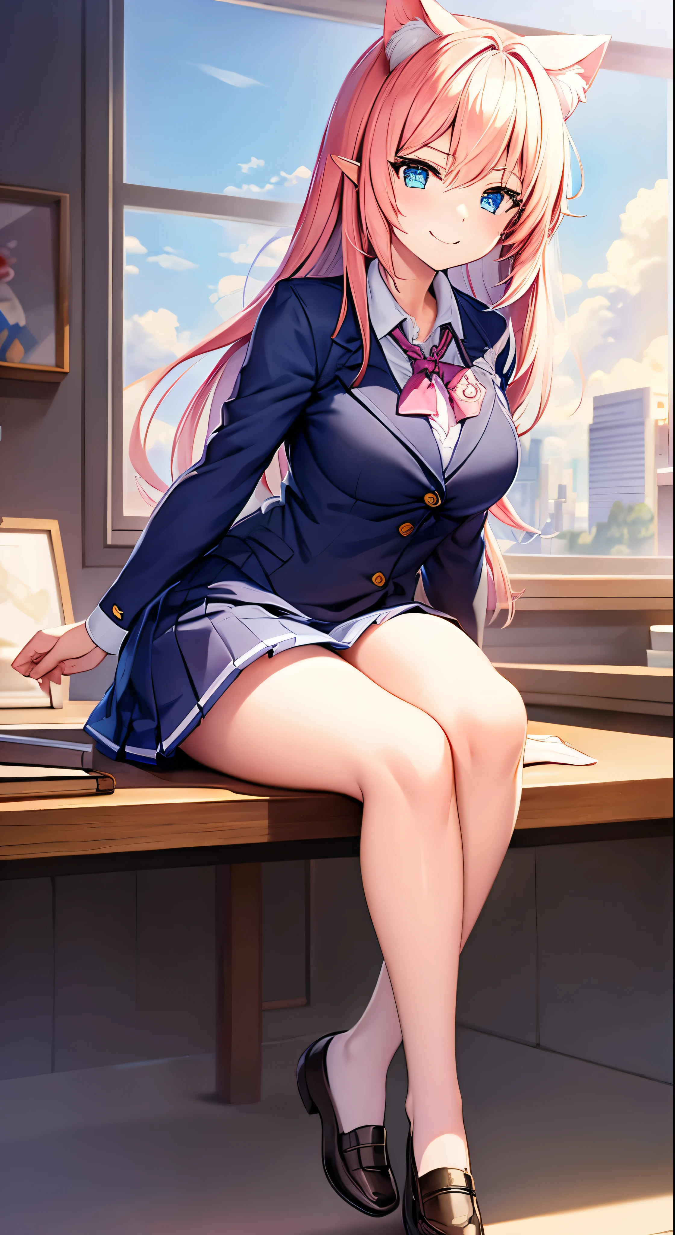 Colorful hair and colorful dress in anime ((cat-eared 1girl)),  school uniform pastel vivid, rossdraws cartoon vivid, anime style 4k, beautiful anime portrait, artgerm colorful!!!、! dream art germ, beautiful anime, cat ear 1girl, anime style digital art, anime art wallpaper 4k, anime art wallpaper 4k, digital anime art, highly detailed art germ, school uniform,  full body, sitting in her office, white hair, front view, smirking,