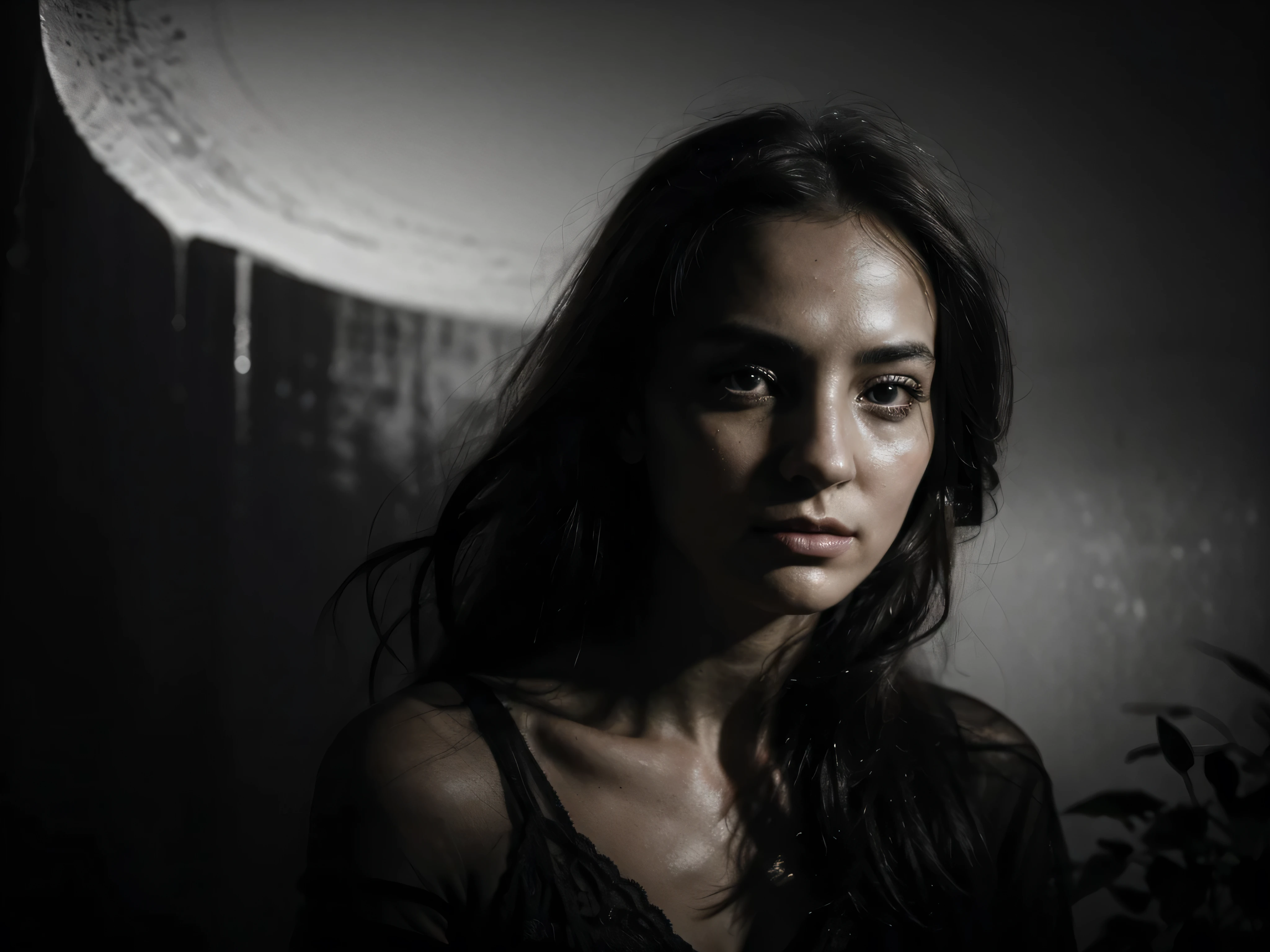 In the hauntingly captivating image sits an enigmatic figure, bathed in the ethereal glow of the cimmerian moon, their features obscured in shadow yet hinting at a mysterious allure. The scene is captured in a detailed and richly textured photograph, where every nuance is brought to life with stunning clarity. The monochromatic tones add a sense of timeless elegance to the composition, enhancing the otherworldly vibe of the portrait. An aura of mystique and intrigue surrounds this enigmatic subject, drawing viewers in with its irresistible allure.
