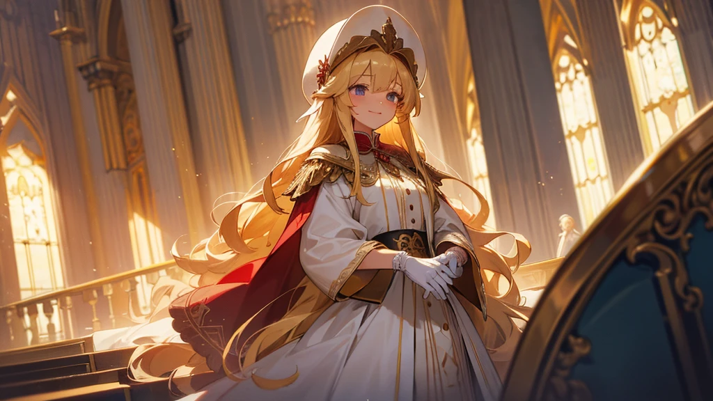 in front of the altar of a majestic church, casting judgement with magic, her voice echoing beautifully. Magic gathers around her, enveloping her in a holy aura as she chants, girl with long blonde hair, Classic White ballgown、long red embroidered gloves, pope's clothing and hat, long hair, ceremonial robes, mass vestments, enormous puffy sleeves, long cuffs with many buttons, golden embroidery, cross details, Long Train, lots of frills and lace, red capes, gently reaches out to you, gentle smile
