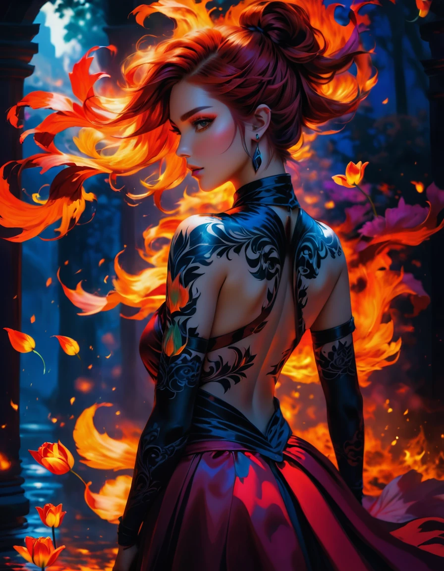 Arafed, Dark fantasy art, fantasy art, goth art, a picture of a tattoo on the back of a female elf, a glowing tattoo of a ((tulip: 1.3)) on the elf's back, the ((tulip tattoo: 1.3)) is vivid, intricate detailed, GlowingRunesAI_purple, ((fire surrounds the tulip: 1.5)), shot taken from the back, ((the back is visible: 1.3), she wears a transparent red dress, the dress is elegant, flowing, elven style, that the tattoos glow, dynamic hair color, dynamic hair style, vibrant, Ultra-high resolution, High Contrast, (masterpiece:1.5), highest quality, Best aesthetics, best details, best quality, highres, 16k, (ultra detailed: 1.5), masterpiece, best quality, (extremely detailed) RAW, (ultra details, Masterpiece, best quality) faize, Digital Painting,