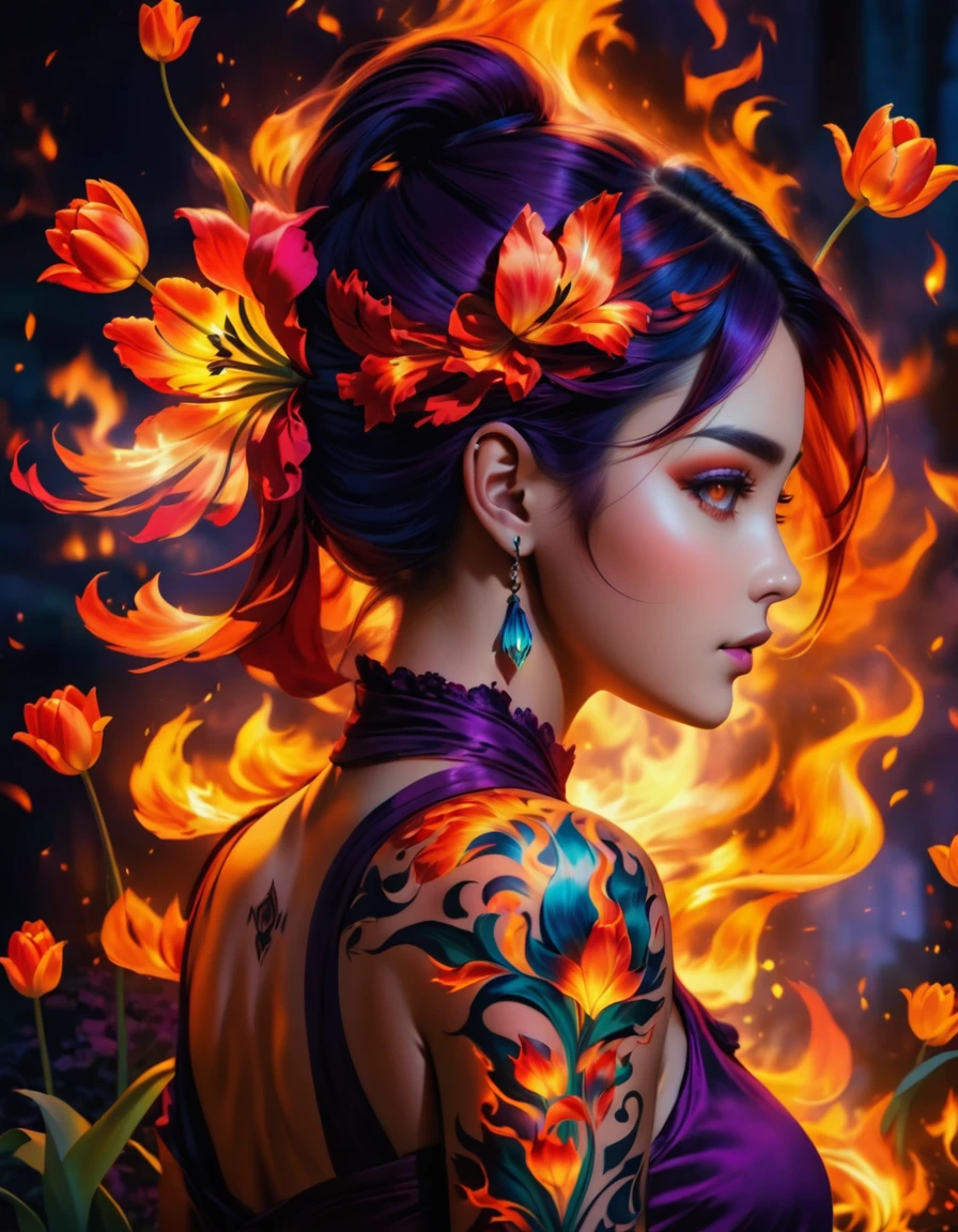 Arafed, Dark fantasy art, fantasy art, goth art, a picture of a tattoo on the back of a female elf, a glowing tattoo of a ((tulip: 1.3)) on the elf's back, the ((tulip tattoo: 1.3)) is vivid, intricate detailed, GlowingRunesAI_purple, ((fire surrounds the tulip: 1.5)), shot taken from the back, ((the back is visible: 1.3), she wears a transparent red dress, the dress is elegant, flowing, elven style, that the tattoos glow, dynamic hair color, dynamic hair style, vibrant, Ultra-high resolution, High Contrast, (masterpiece:1.5), highest quality, Best aesthetics, best details, best quality, highres, 16k, (ultra detailed: 1.5), masterpiece, best quality, (extremely detailed) RAW, (ultra details, Masterpiece, best quality) faize, Digital Painting,