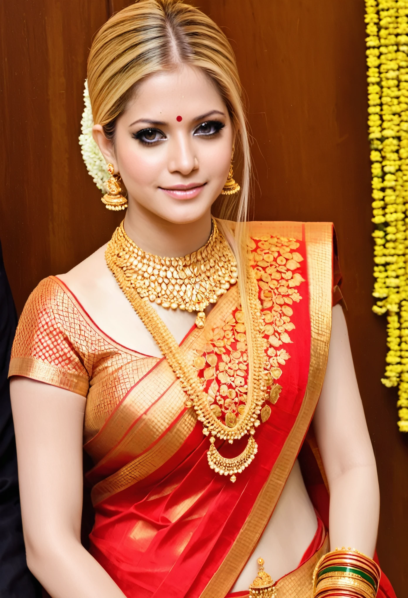Avril Lavigne as south indian bride in red golden saree with gold jewellery