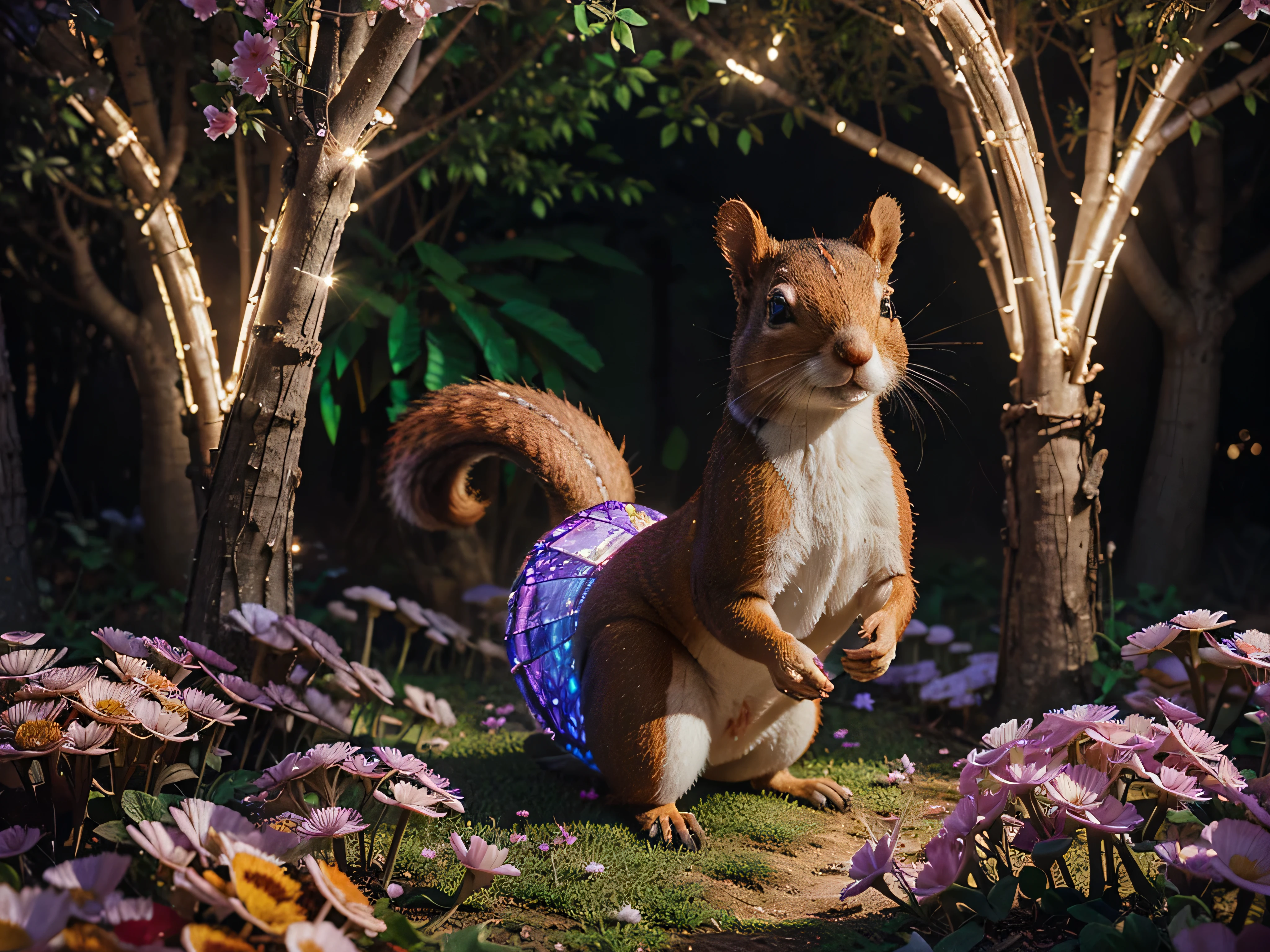 In the heart of a whimsical digital garden, pixelated flowers bloom in vibrant hues, their petals shimmering with a holographic sheen. A mischievous AI squirrel scampers among glowing mushrooms, its circuits visible beneath a transparent coat of fur. This scene is captured in an intricate oil painting, each brushstroke meticulously highlighting the fantastical details. The overall effect is mesmerizing, inviting viewers to immerse themselves in the surreal beauty of this imaginary world.