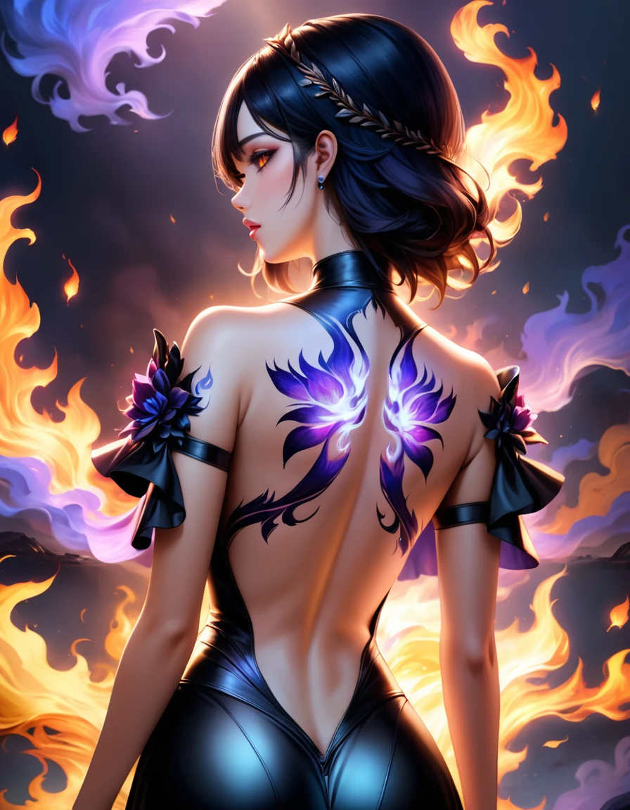 Arafed, Dark fantasy art, fantasy art, goth art, a picture of a tulip tattoo on the back of a female elf, a glowing tattoo of a ((tulip: 1.3)) on the elf's back, the ((tulip tattoo: 1.5)) is vivid, intricate detailed,  GlowingRunesAI_purple, ((fire surrounds the tulip: 1.5)), shot taken from the back, ((the back is visible: 1.3), she wears a transparent red dress, the dress is elegant, flowing, elven style, that the tattoos glow, dynamic hair color, dynamic hair style,  vibrant, Ultra-high resolution, High Contrast, (masterpiece:1.5),  highest quality, Best aesthetics, best details, best quality, highres, 16k, (ultra detailed: 1.5), masterpiece, best quality, (extremely detailed) RAW, (ultra details, Masterpiece, best quality) faize, Digital Painting, 