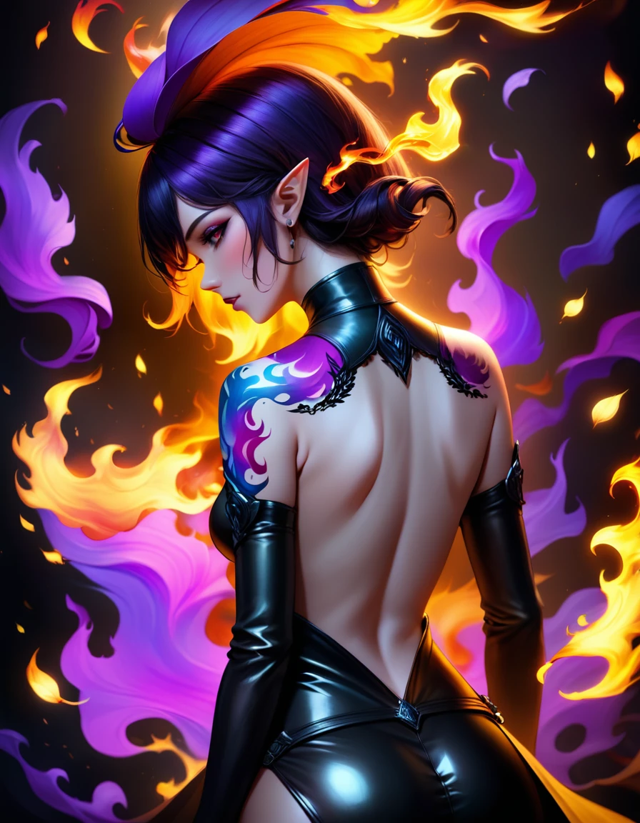 Arafed, Dark fantasy art, fantasy art, goth art, a picture of a tulip tattoo on the back of a female elf, a glowing tattoo of a ((tulip: 1.3)) on the elf's back, the ((tulip tattoo: 1.5)) is vivid, intricate detailed, GlowingRunesAI_purple, ((fire surrounds the tulip: 1.5)), shot taken from the back, ((the back is visible: 1.3), she wears a transparent red dress, the dress is elegant, flowing, elven style, that the tattoos glow, dynamic hair color, dynamic hair style, vibrant, Ultra-high resolution, High Contrast, (masterpiece:1.5), highest quality, Best aesthetics, best details, best quality, highres, 16k, (ultra detailed: 1.5), masterpiece, best quality, (extremely detailed) RAW, (ultra details, Masterpiece, best quality) faize, Digital Painting,