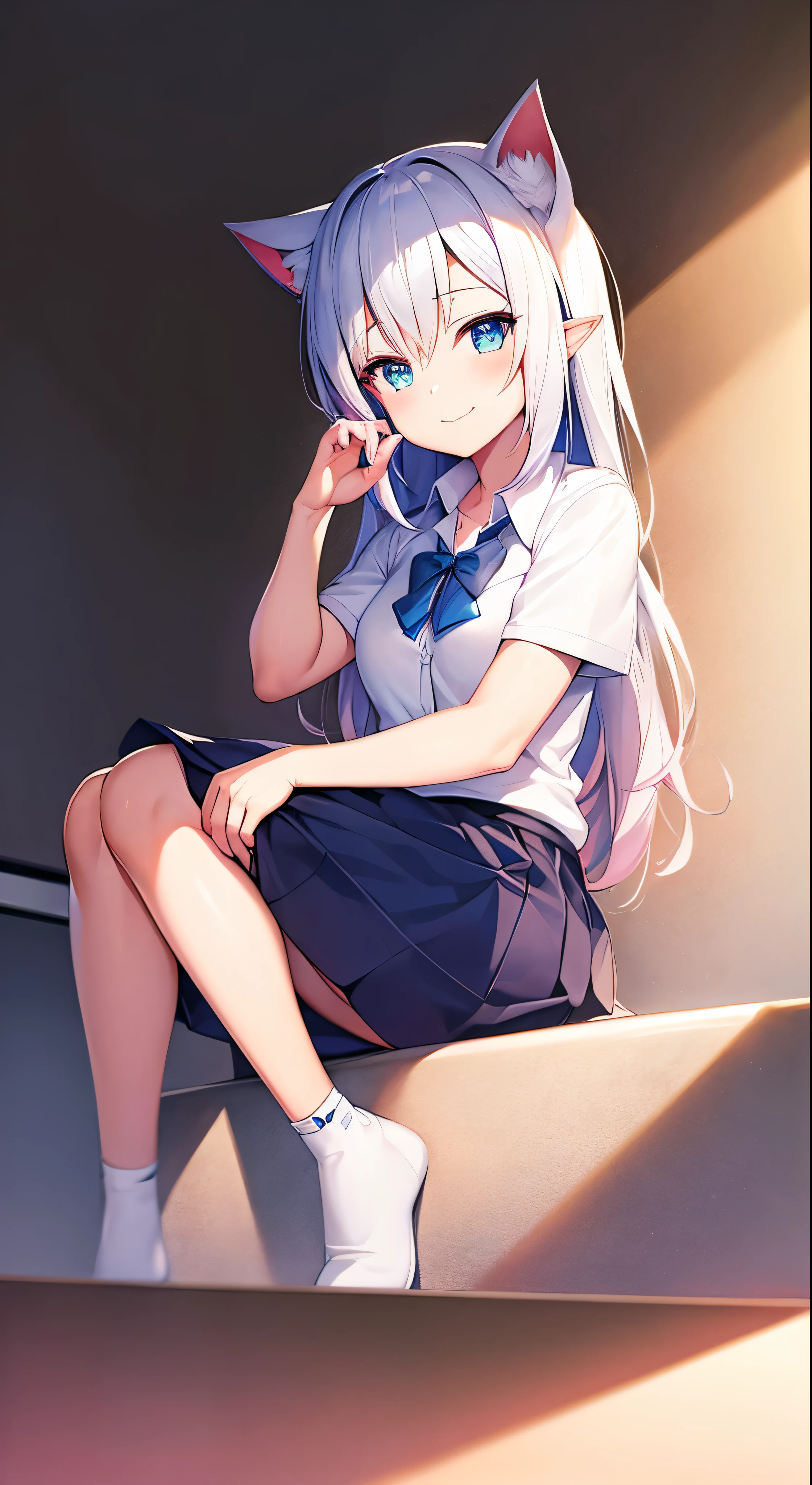 Colorful hair and colorful dress in anime ((cat-eared 1girl)),  school uniform pastel vivid, rossdraws cartoon vivid, anime style 4k, beautiful anime portrait, artgerm colorful!!!、! dream art germ, beautiful anime, cat ear 1girl, anime style digital art, anime art wallpaper 4k, anime art wallpaper 4k, digital anime art, highly detailed art germ, school uniform,  full body, sitting in her office, white hair, front view, smirking,