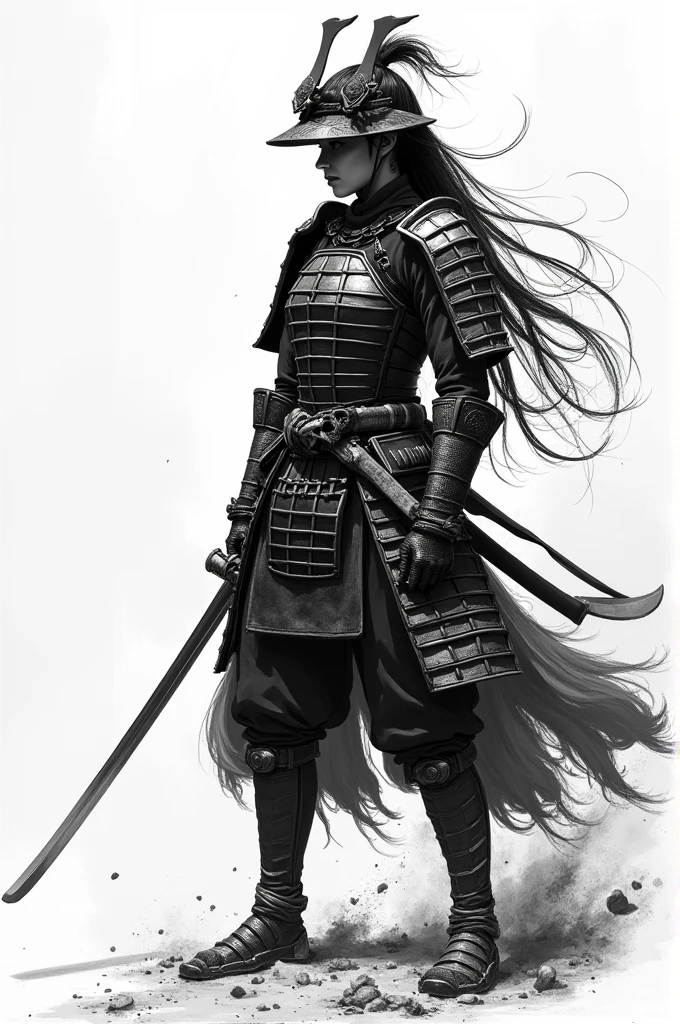 Sketchbook Style, Sketch book, hand drawn, dark, gritty, realistic sketch, Rough sketch, mix of bold dark lines and loose lines, bold lines, on paper, turnaround character sheet, insanely detailed, masterpiece, best quality, 8k, ultra high res, High contrast and low saturation, Add a scene to the illustration where the armored female samurai warrior is about to strike with full force. Capture the moment of her sword slicing through the air, depicting the warrior's determination and skill in combat. Enhance the illustration with elements that convey the tension of the battlefield in the background, creating a vivid and intense combat scene. (Japanese ink painting) techniques. Striving for simplicity yet strength, this artwork aims to express the samurai spirit and the identity of Japan. The contrast between black and white enhances the unique beauty created by the strokes of the ink brush, sharp focus. Better hand, perfect anatomy.