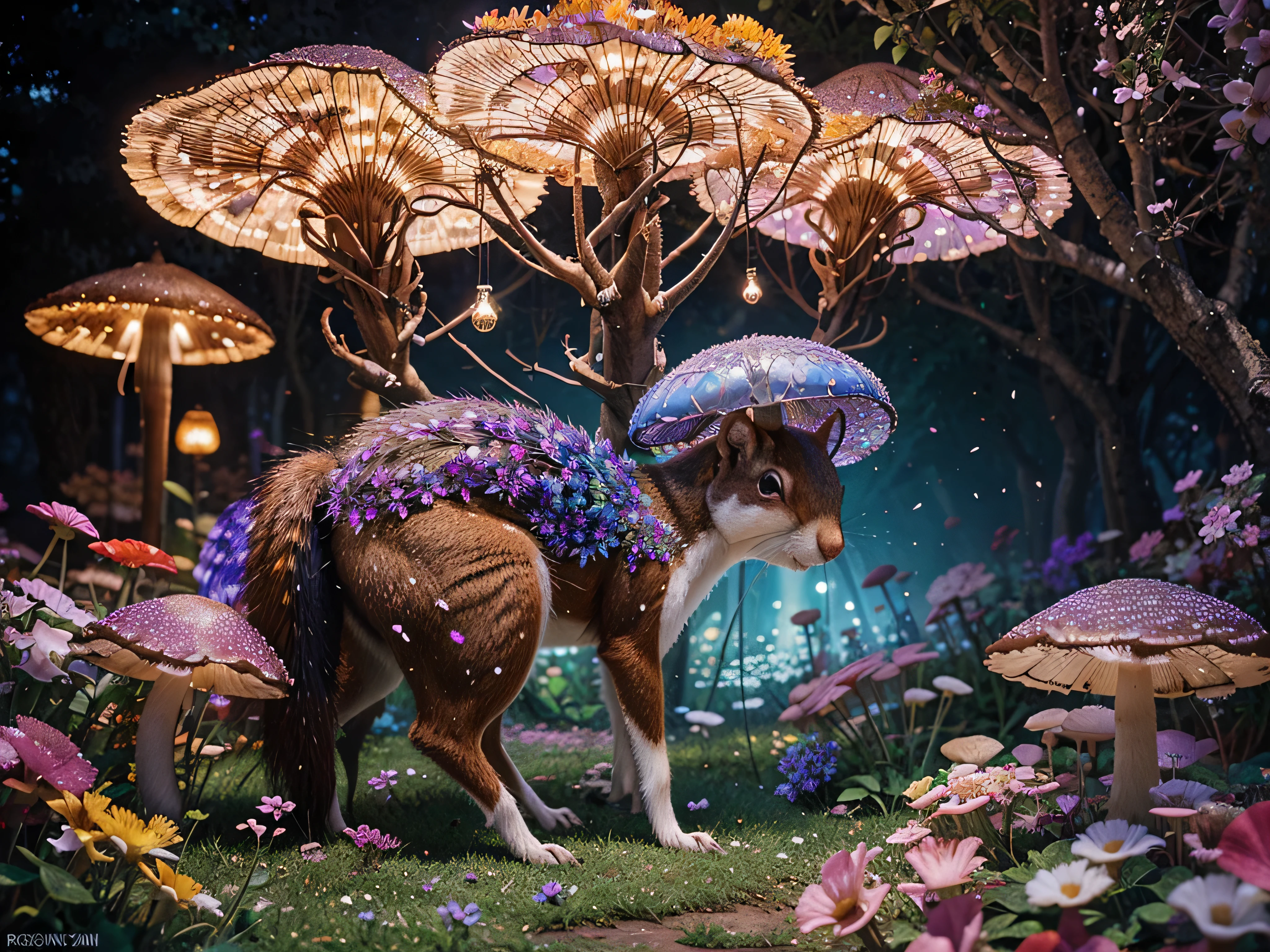 In the heart of a whimsical digital garden, pixelated flowers bloom in vibrant hues, their petals shimmering with a holographic sheen. A mischievous AI squirrel scampers among glowing mushrooms, its circuits visible beneath a transparent coat of fur. This scene is captured in an intricate oil painting, each brushstroke meticulously highlighting the fantastical details. The overall effect is mesmerizing, inviting viewers to immerse themselves in the surreal beauty of this imaginary world.