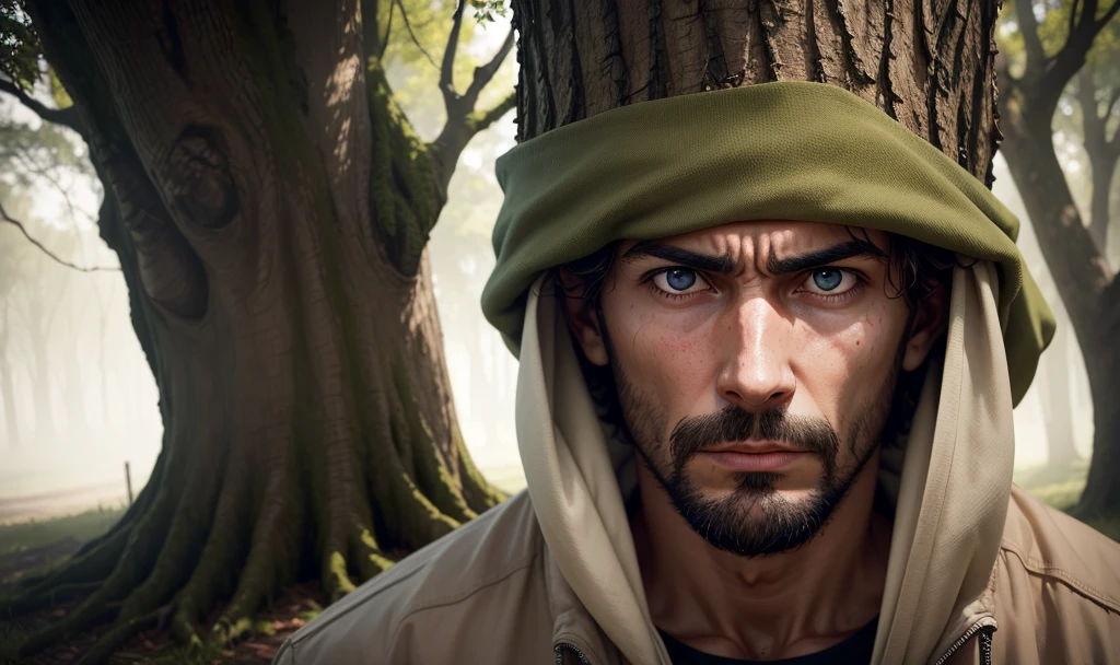 Man hid behind a tree, with a frightened face