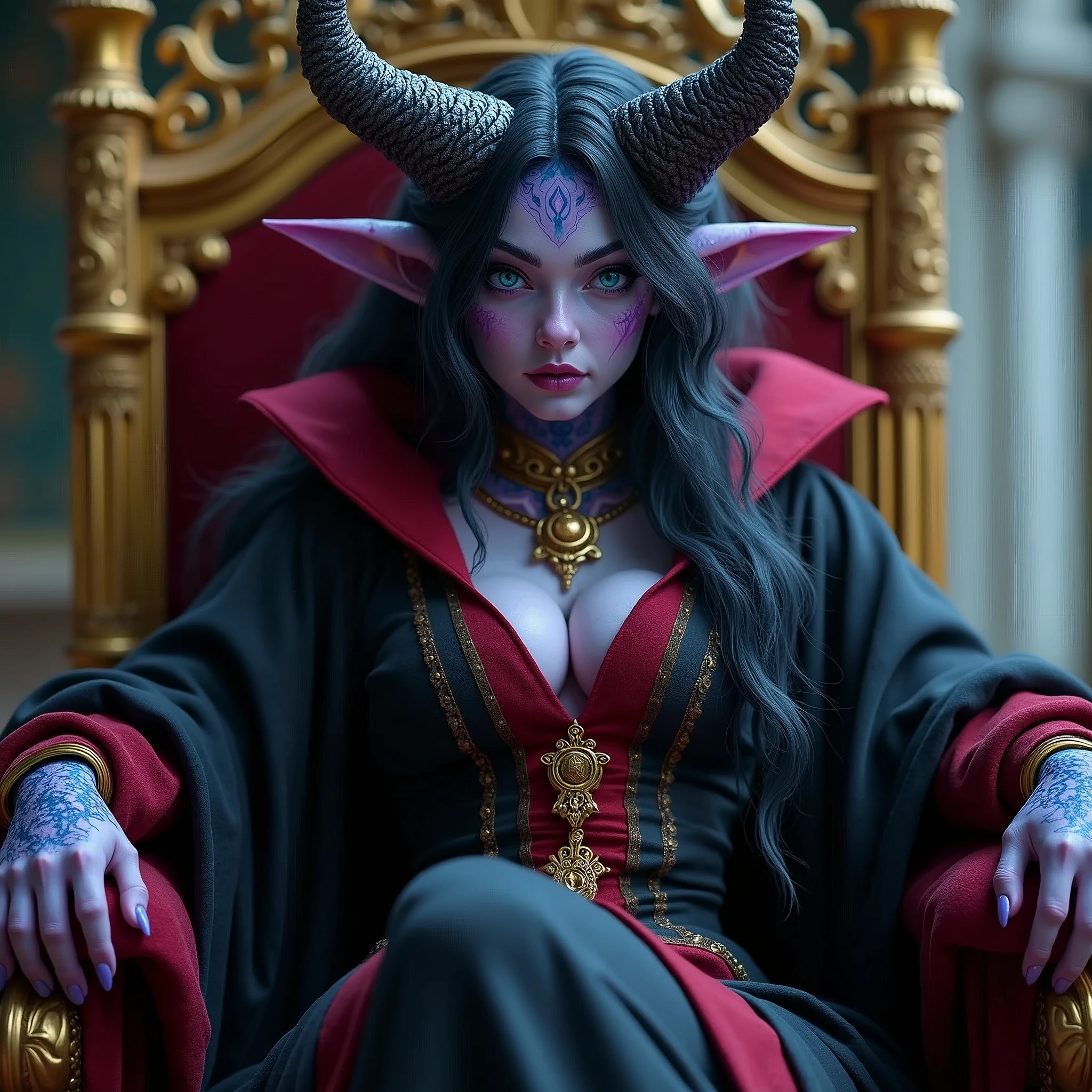 monster girl, very beautiful, wizard, black robe, red trim, long hair, horns, scales, f4ng, small fangs, fangs, blue and purple gradient skin, gold, jewelry, in a palace, sitting on throne, close-up, blue eyes, full body,