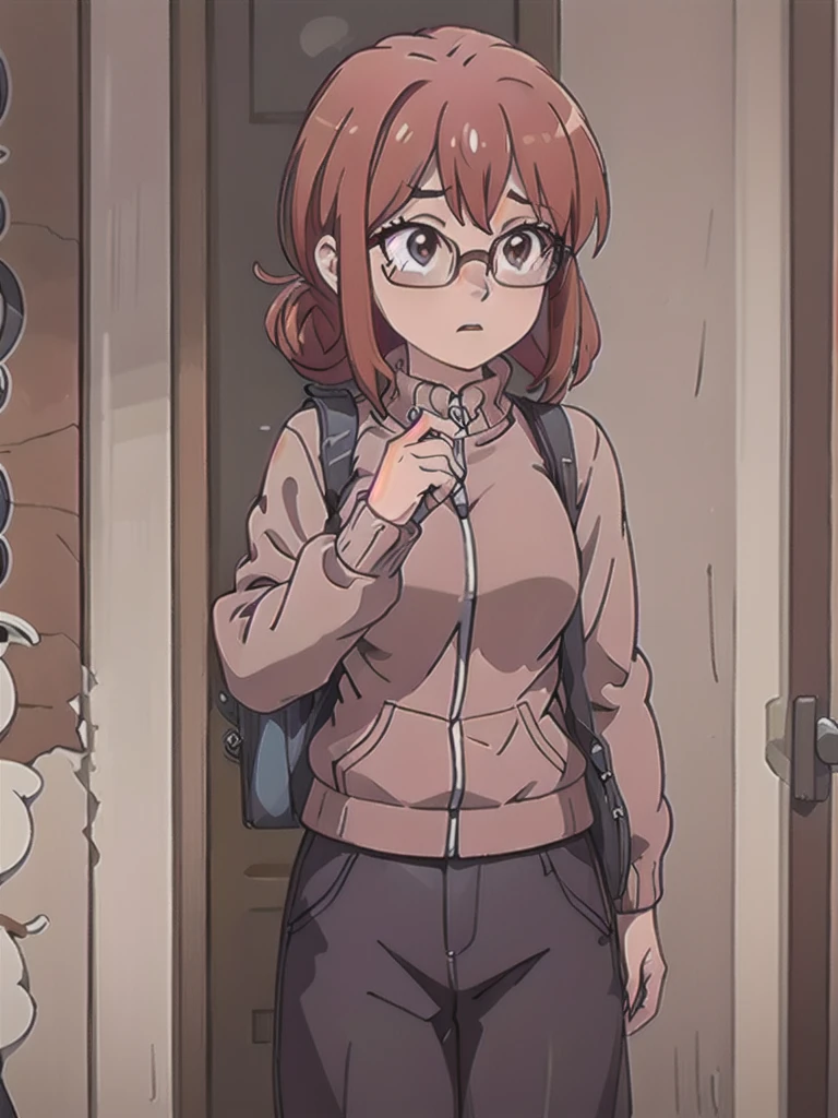 a girl with dark reddish-brown hair ,glasses, sweater, zipper jacket, pants,