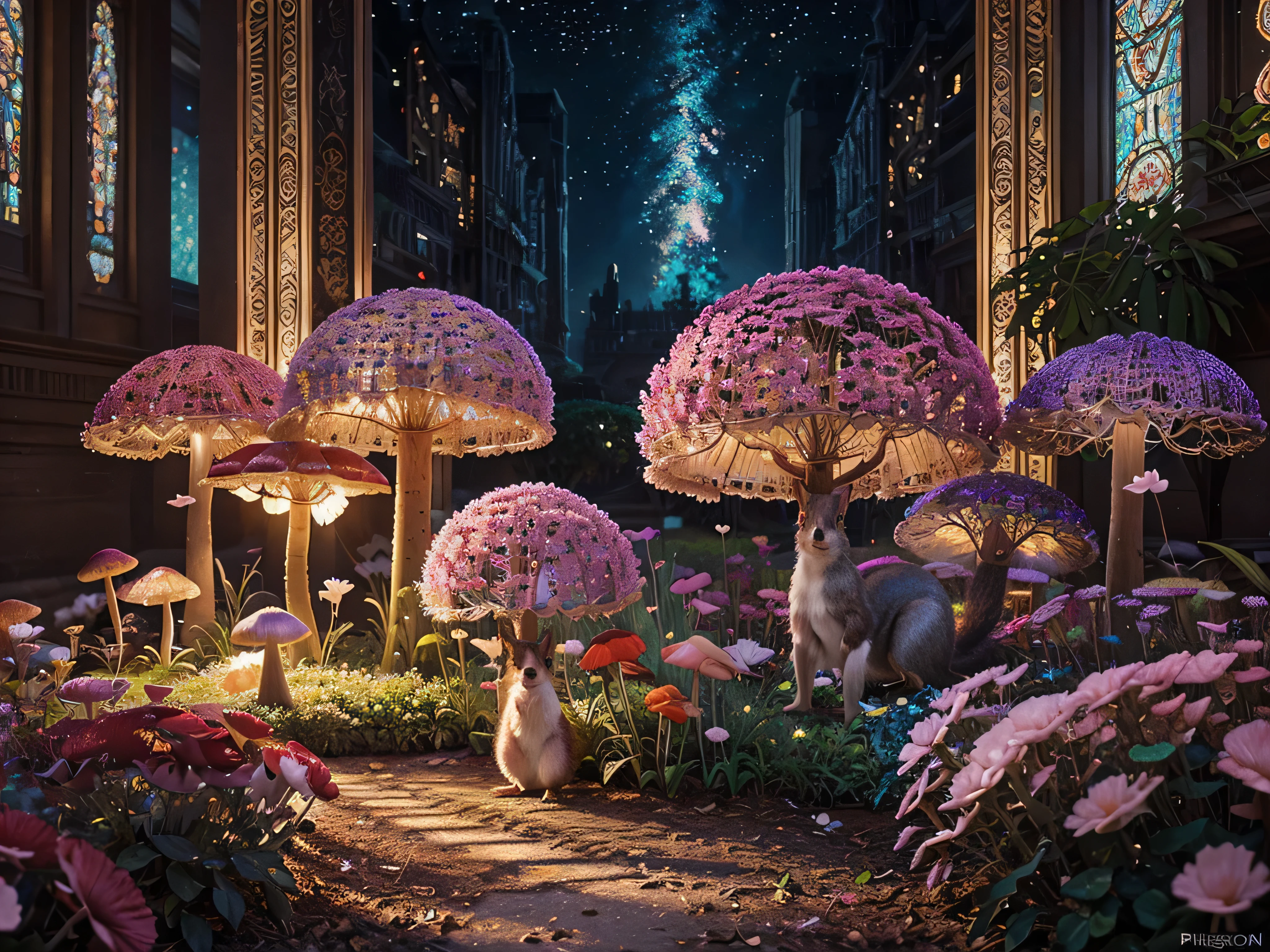 In the heart of a whimsical digital garden, pixelated flowers bloom in vibrant hues, their petals shimmering with a holographic sheen. A mischievous AI squirrel scampers among glowing mushrooms, its circuits visible beneath a transparent coat of fur. This scene is captured in an intricate oil painting, each brushstroke meticulously highlighting the fantastical details. The overall effect is mesmerizing, inviting viewers to immerse themselves in the surreal beauty of this imaginary world.