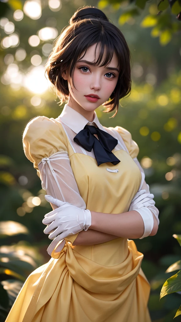 masterpiece, best quality, outdoors, lens flare, depth of field, 1girl, solo, looking at viewer, breasts, janeporter, short hair, hair bun, yellow dress, long dress, puffy sleeves, ascot, white gloves, cowboy shot