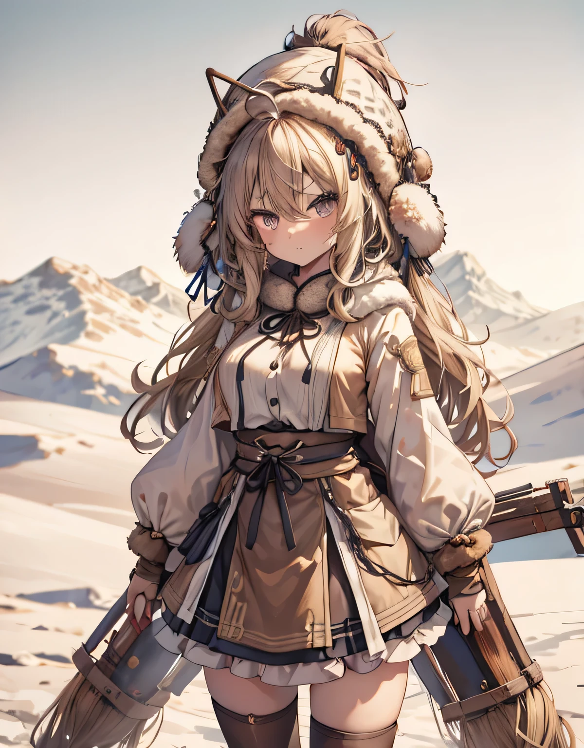 masterpiece, 1girl, sparrow, a blonde haired girl, wearing a eskimo clothes, curly long hair, messy hair, slim body, he close her left eye, shirt ornament, ruby eyes, ahoge, baby face, big breast, beautiful breasts, rounded breasts, long sleeves, beautiful eyes, white stocking, droopy eyes, her age is 19 years old, azusa_bluearchive, angry face, medium hair, curly hair, brow, furry winter hat, snow field, MongolPunkAI