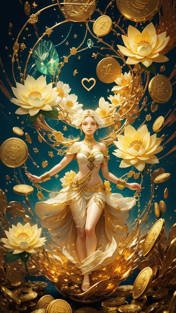 Create a prosperity-boosting wallpaper image designed to attract the power of wish fulfillment and financial success. The image should include the following elements: Gold coins - Symbolizing wealth and abundance. Heart - Symbolizing love and gratitude. Four-leaf clover - Symbolizing luck. Lotus flower - Symbolizing purity and spiritual growth. Goldfish - Symbolizing wealth and prosperity. Water - Symbolizing purification and healing. Spring - Symbolizing abundance and life. Crystals - Symbolizing clarity and healing. Angel - Symbolizing protection and guidance. Breaking chains - Symbolizing liberation from limitations. The overall theme should be bright, joyful, and prosperous, with a mystical and inspiring aesthetic.