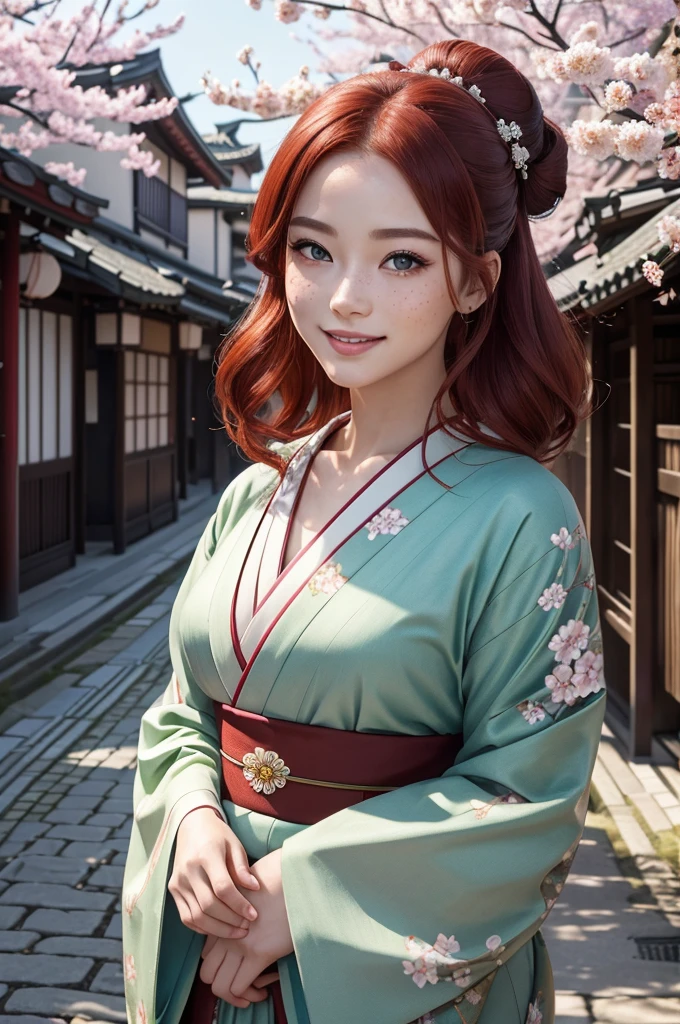 a beautiful young Caucasian girl with striking red hair, green eyes, and freckles, wearing a traditional Japanese kimono, her hair styled in an elegant chignon, smiling warmly as she stands in a charming Japanese street scene, (best quality,4k,8k,highres,masterpiece:1.2),ultra-detailed,(realistic,photorealistic,photo-realistic:1.37),detailed facial features, extremely detailed eyes and face, longeyelashes, beautiful detailed lips, vibrant colors, natural lighting, intricate kimono patterns, cobblestone street, traditional Japanese architecture, cherry blossoms, cinematic composition