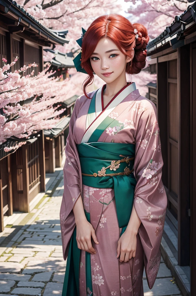 a beautiful young Caucasian girl with striking red hair, green eyes, and freckles, wearing a traditional Japanese kimono, her hair styled in an elegant chignon, smiling warmly as she stands in a charming Japanese street scene, (best quality,4k,8k,highres,masterpiece:1.2),ultra-detailed,(realistic,photorealistic,photo-realistic:1.37),detailed facial features, extremely detailed eyes and face, longeyelashes, beautiful detailed lips, vibrant colors, natural lighting, intricate kimono patterns, cobblestone street, traditional Japanese architecture, cherry blossoms, cinematic composition