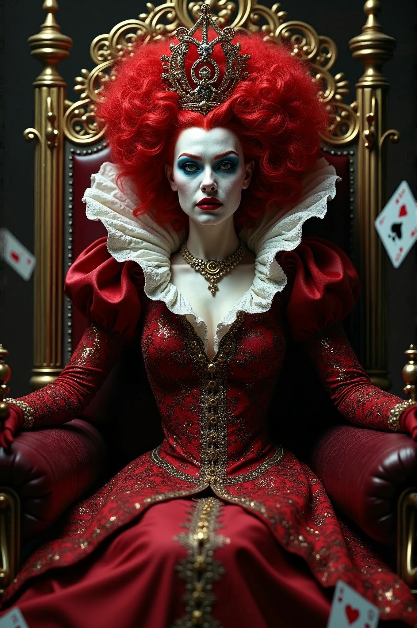 （Red curly hair），Queen，Queen服饰，Holding a love staff，Red lipstick，(the red queen，迪士尼Villains)，Big Head，Pale skin，Villains，Sitting on the throne，accessories，Poker，Blue Eyeshadow