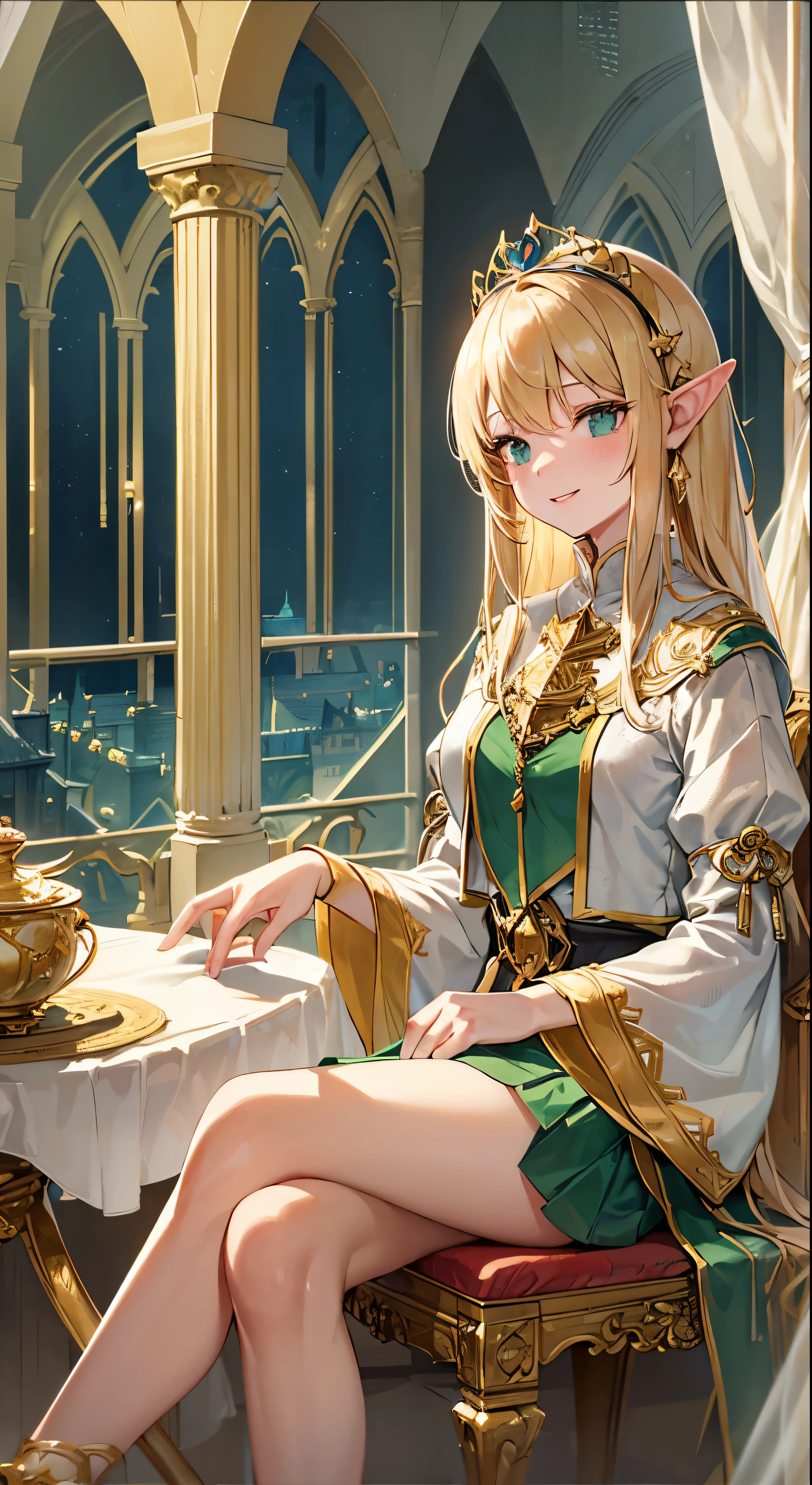(((Masterpiece, highest quality, high definition, high detail)))), (((Fantasy))), ((Walled City)), ((Inside the inn)), (Sitting in a chair and looking out the window))), ((People passing through the city)), One, Elf woman, Short skirt of white embroidered with gold, Blonde long straight hair, Dark green eyes, Green surcoat embroidered with gold, Smile, Big, (Breeze) , There are a lot of light particles floating in the room