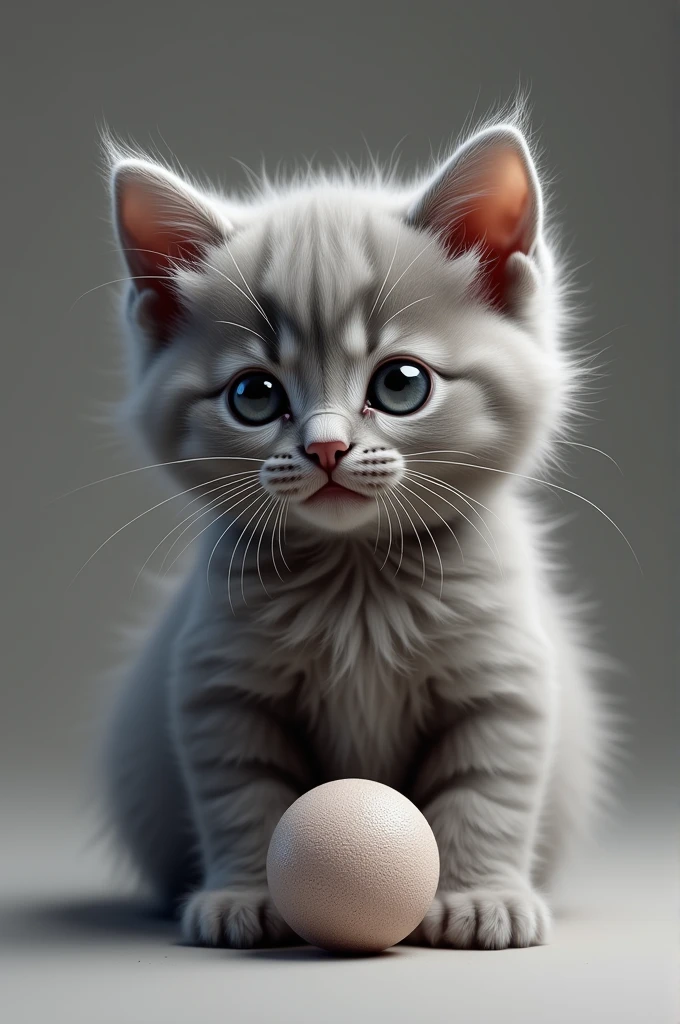 Create a photorealistic image of a gray kitten with a small ball as the background. Pay close attention to realistic details, including the kitten's fur and the texture of the small ball.