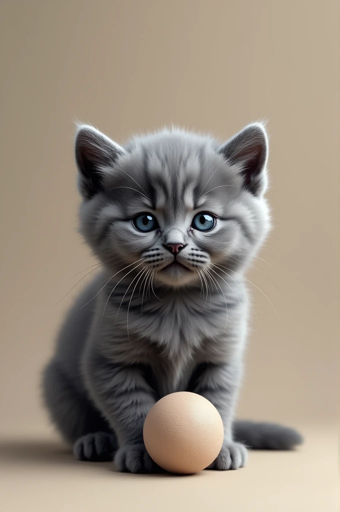 Create a photorealistic image of a gray kitten with a small ball as the background. Pay close attention to realistic details, including the kitten's fur and the texture of the small ball.