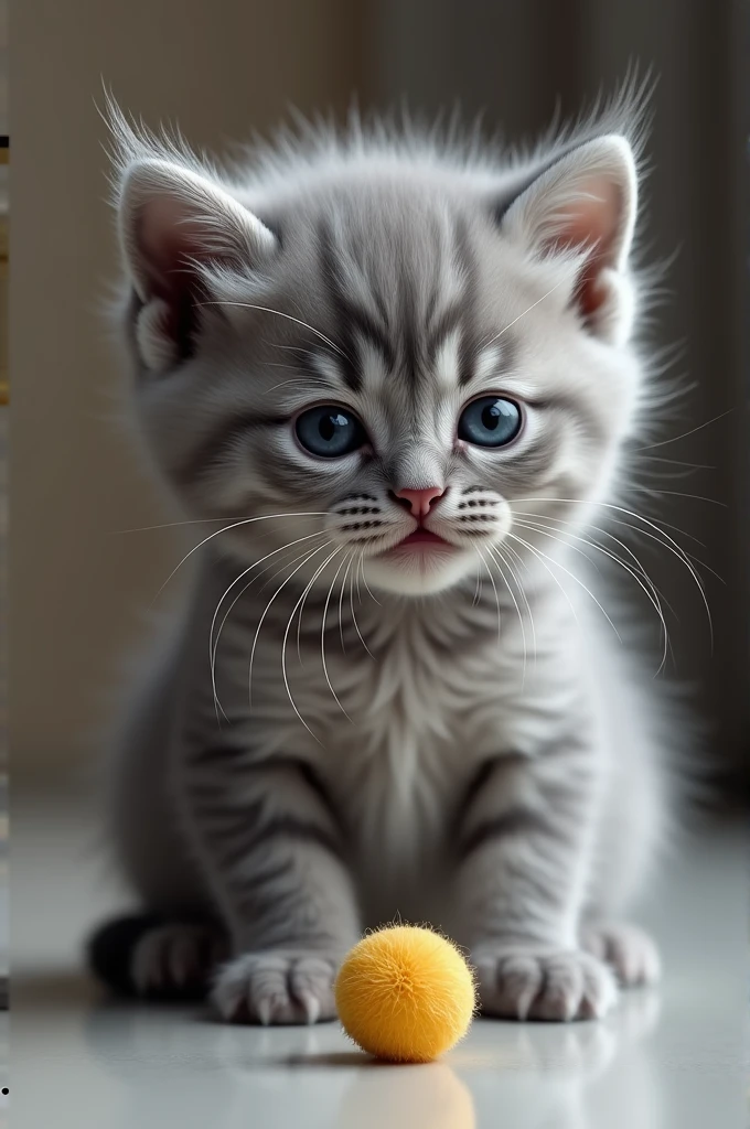 Create a photorealistic image of a gray kitten with a small ball as the background. Pay close attention to realistic details, including the kitten's fur and the texture of the small ball.