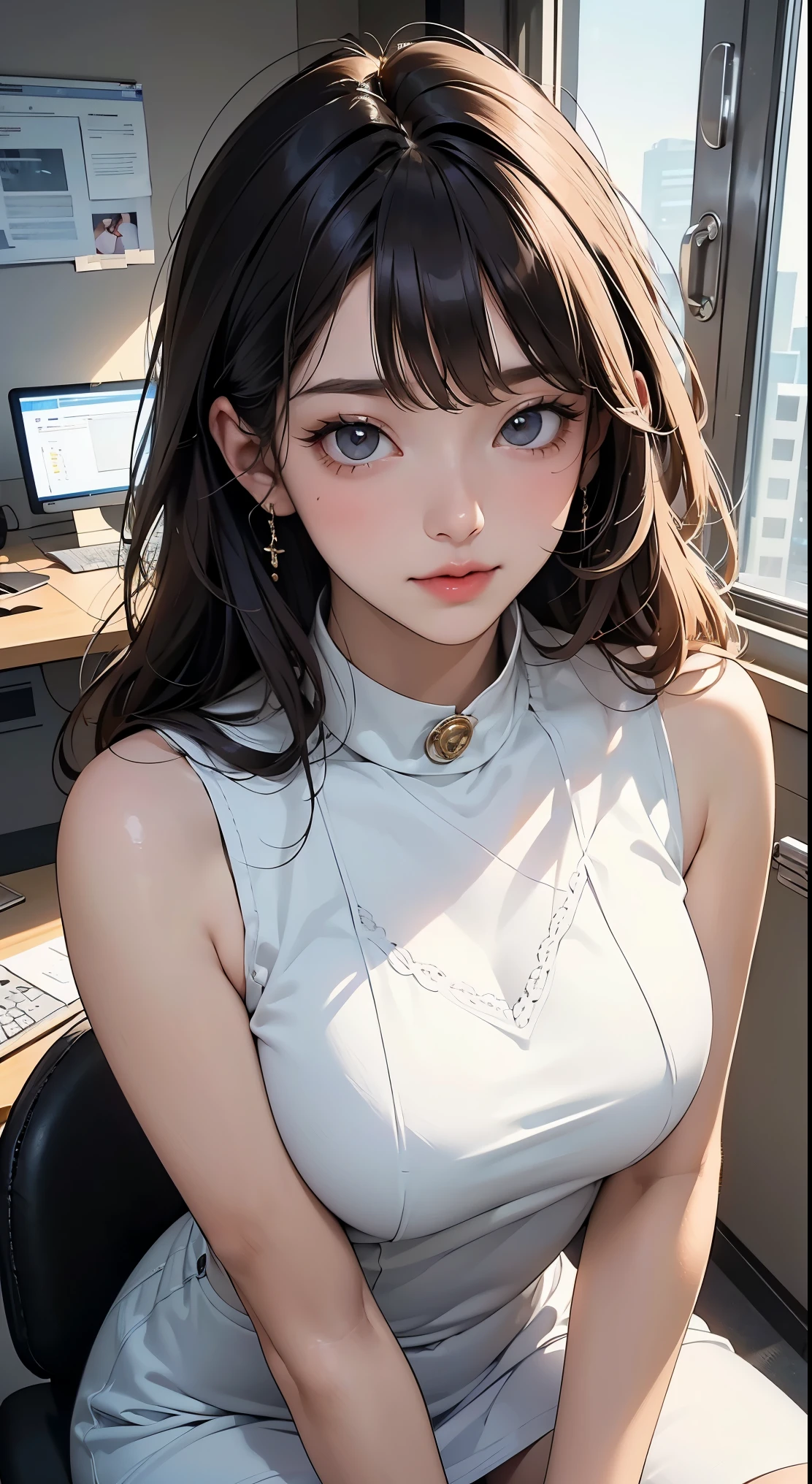 masterpiece、High resolution 8k、Browsing Caution、Colorful light illumination、Soft Sharp、Oil:1.2,Detailed skin、Tabletop、 Highest quality、Ultra-high resolution、Ultra-high resolution、Highly detailed CG、theme,Full Body Shot、Angle from the front、パソコンの並ぶOffice Room、Employees working in the office、Office chair、Numerous large monitors、Computer on the desk、transaction、documents、stock、Chart Screen、Female office lady、Angle from the front、Dark Eyes、(detailed face and eyes、(face:1 2)、Beautiful Eyes、Eye highlights:1.3,Almond Eye)、(Brown Hair、shabby bangs、(/ID card/),(Long Hair:1.4),Tight sleeveless long white knit dress、pumps)、(Glossy Lips、Small breast size) 、(楕円形のface : 1.4)、(Thin fingers、Detailed human hand)、Perfect limbs、Perfect body,Office Room、View of an office building from a window、Office Building District、sit cross-legged on a chair、((/ID card/))、笑face、laughing out loud:1.4、Open your mouth and look at your teeth)
