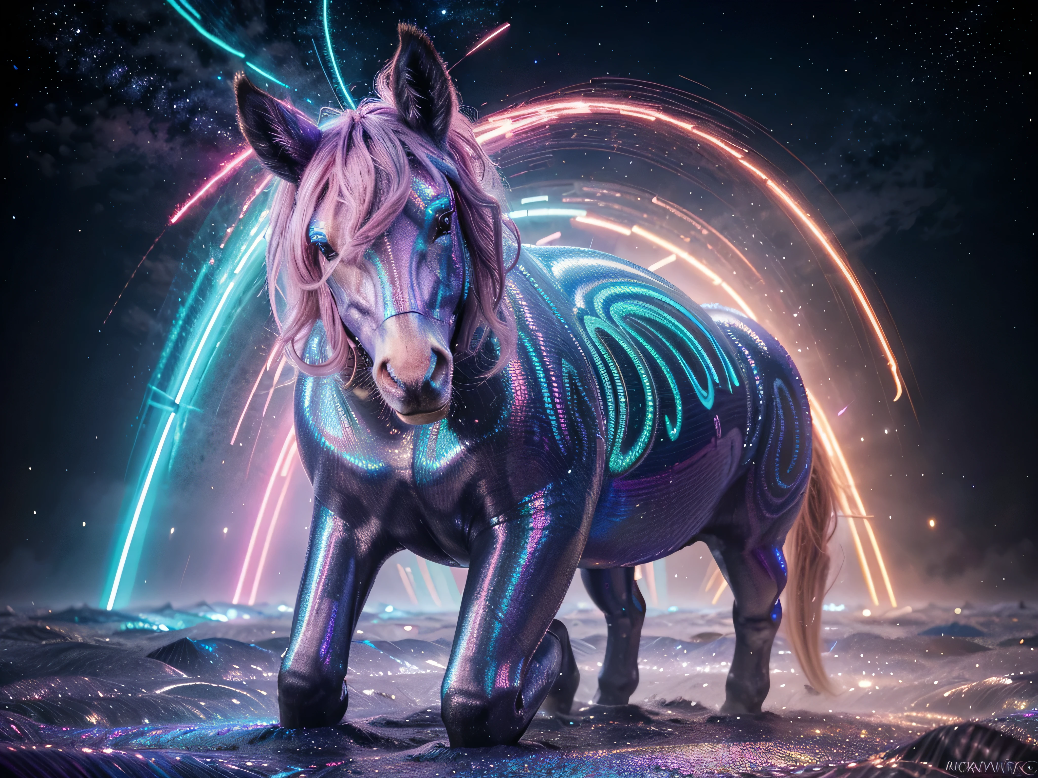 A shimmering vaporwave-inspired centaur emerges from the neon mists, its holographic mane cascading in cascading waves of pinks and blues. This stunning image is a digitally-rendered painting, capturing every iridescent detail with precision. The centaur's metallic silver hooves clatter against the holographic ground, leaving trails of shimmering stardust in its wake. Its eyes glow with an otherworldly aura, reflecting the surreal beauty of this fantastical creature. The high levels of detailing and vibrant colors elevate this image to a work of art that mesmerizes viewers with its ethereal presence.