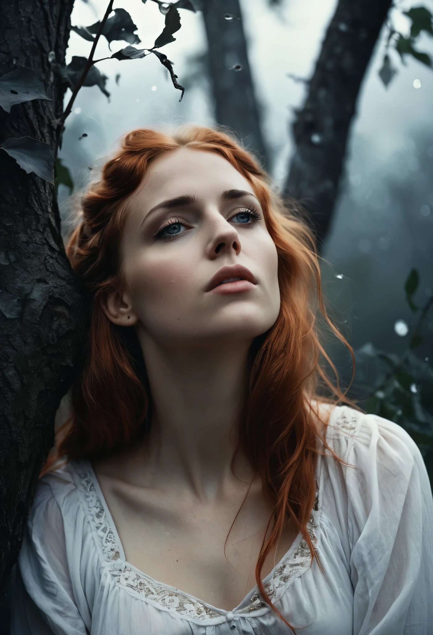 Full portrait, Realistic, Photorealistic, analog photo, Highly detailed, cinematic rendering, Wild Dead Forest, evening, Cute 24-year-old woman, Leaning back in a tree and looking up at the grey cloudy sky, Redhead, Sexy, Dressed in a white tattered nightgown, Black leaves float in the air, Behold, the glittering particles flutter, classical painting composition, Dark gloomy background, An atmosphere of melancholy and sadness, surreal photo, by Alphonse Mucha, detailed perfect face, Melancholic eyes, Faded colors, cinematic  composition