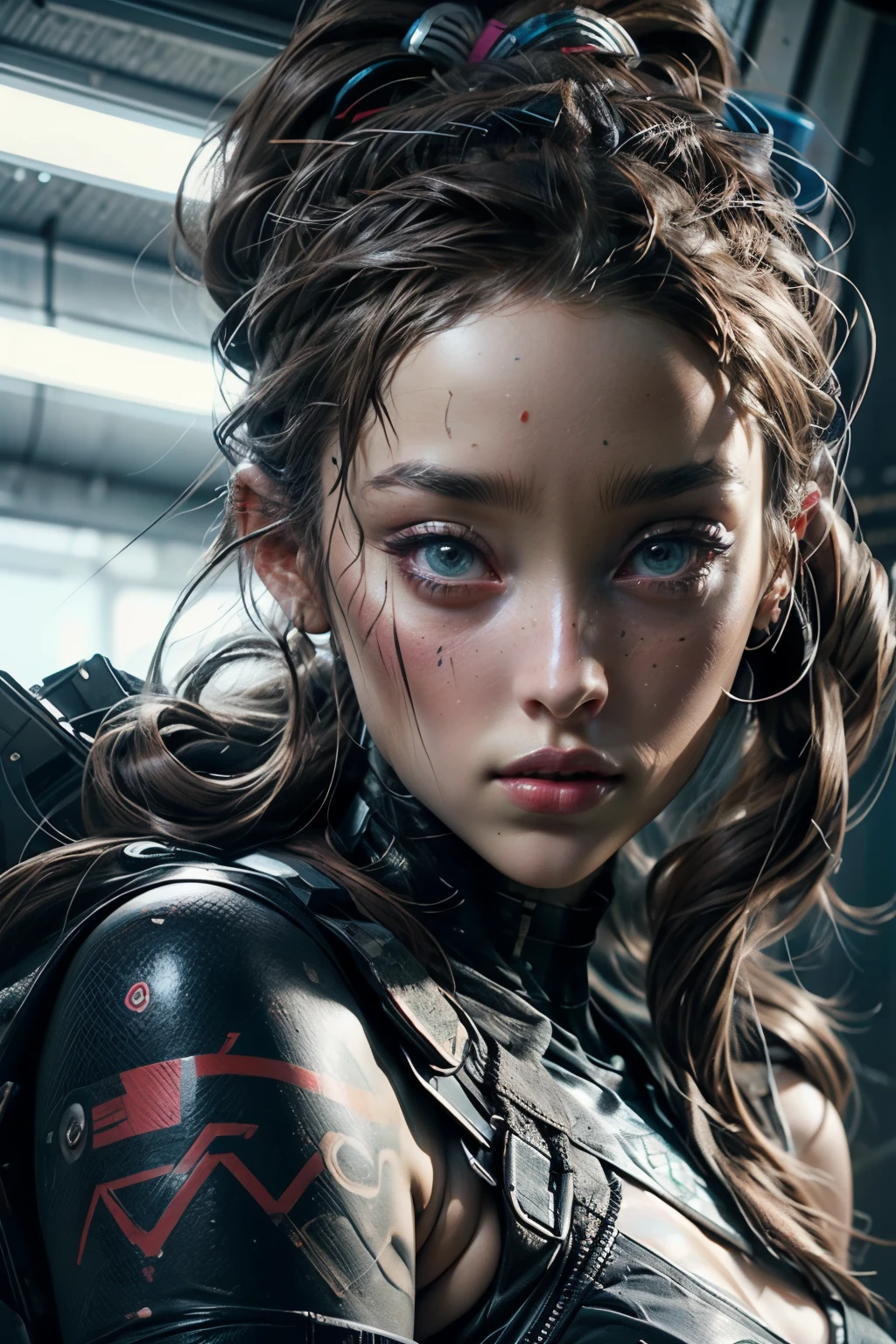 a closeup of a woman (((Alycia Jasmin Debnam-Carey)))  with a tattoo on her arm, A line painted black that goes through his eyes like in The 100 , cyberpunk beautiful girl, beautiful cyberpunk girl face, cyberpunk dreamy girl, ultrarealistic cyberpunk art 8k, cyberpunk 2 0 years. o model girl, beautiful cyberpunk woman model, The portrait of the cyberpunk girl, Highly detailed 4k digital art, beautiful digital artwork, cyborg cyberpunk. rose, 4k realistic digital art