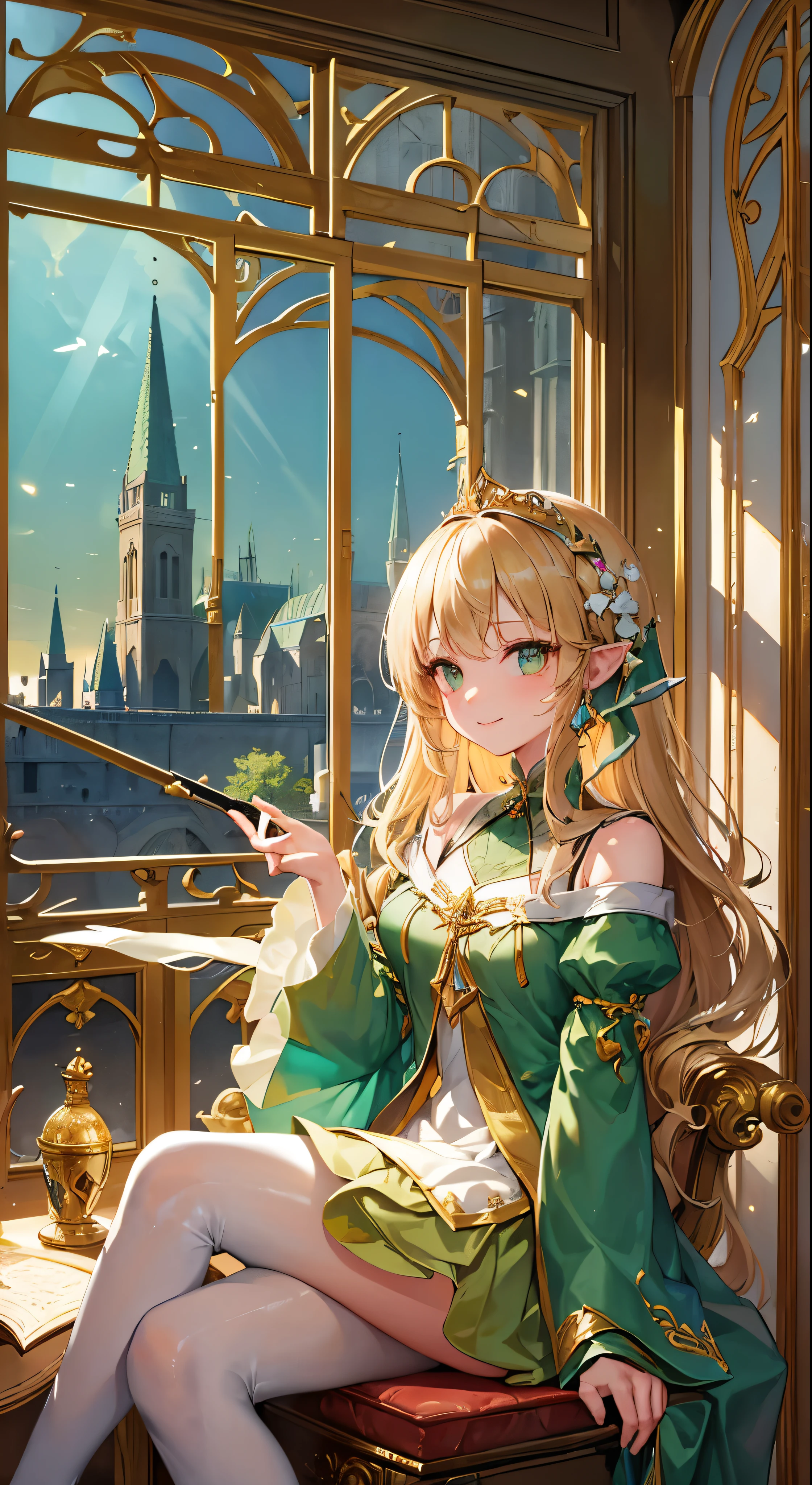 (((Masterpiece, highest quality, high definition, high detail)))), (((Fantasy))), ((Walled City)), ((Inside the inn)), (Sitting in a chair and looking out the window))), ((People passing through the city)), One, Elf woman, Short skirt of white embroidered with gold, Blonde long straight hair, Dark green eyes, Green surcoat embroidered with gold, Smile, Big, (Breeze) , There are a lot of light particles floating in the room