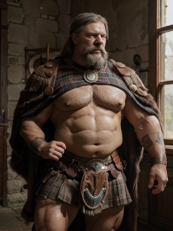 Hyperrealistic image of a Scottish warrior from the 5th century BC.c, Very old and very sweaty superhero with long and very gray hair, bodybuilder over 80 years old, very muscular and fat, more than 200 kilos with a naked torso, large and flaccid pectorals, tattooed, huge brown nipples, large gray mustaches, wearing a kilt and a fur cape. bear in a highland landscape