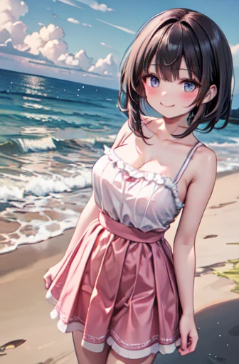 very cute and beautiful girl,(Very exquisite beautiful face and eyes),Pink camisole,Cute frilled petticoat,
(smile),Happy,View your viewers,Black Hair,Cowboy Shot,Leg details,Beach,Tropical Resort,
(Highest quality,masterpiece),Absurd,High resolution,Very detailed,Very detailed,32K,8k resolution,
Intricate details,Movie Scenes,Detailed Background,alone,Dynamic Angle,
Natural light,Hair blowing in the wind,Beautifully detailed skies,Large Breasts